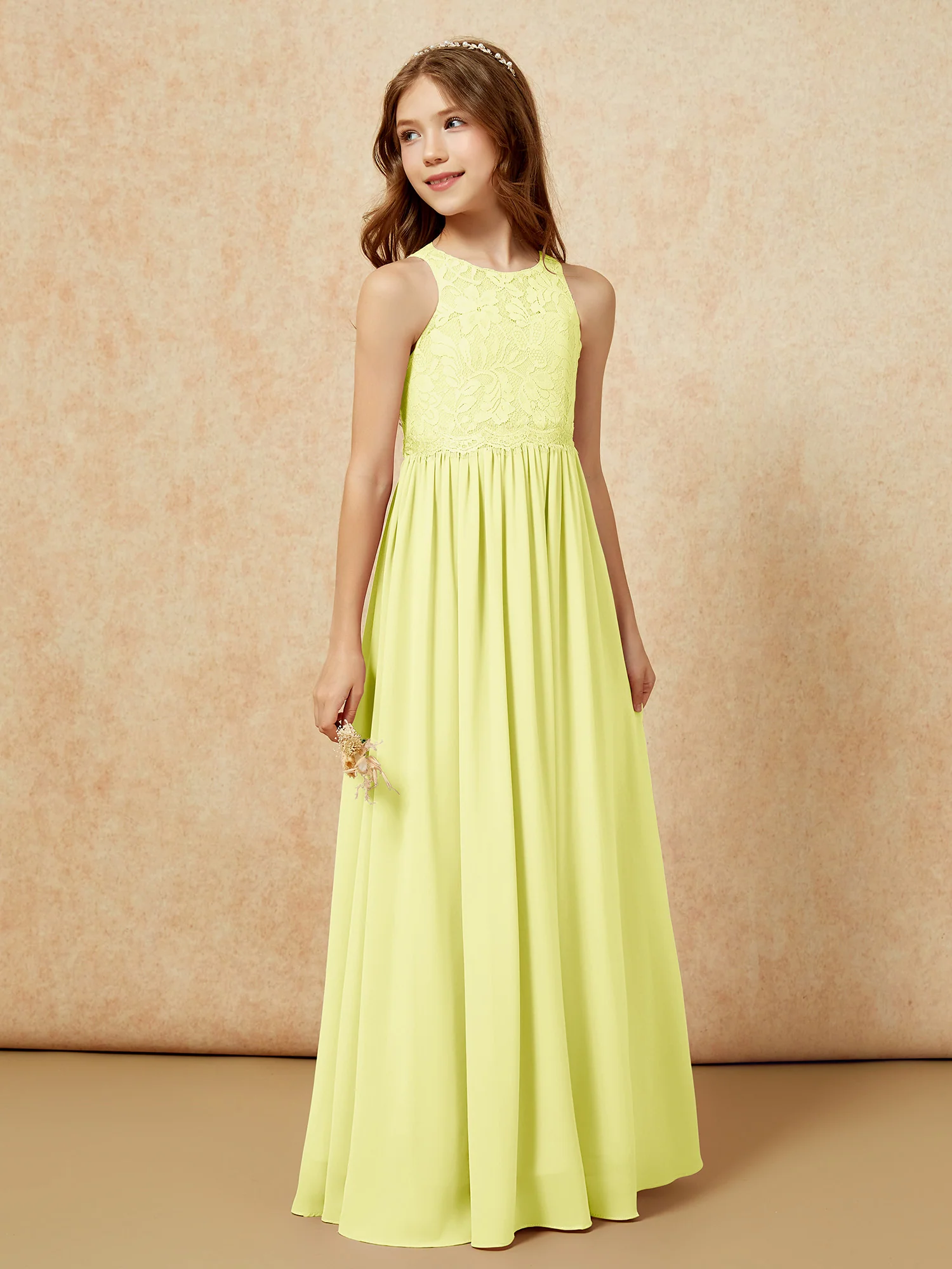 Sleeveless Lace Chiffon A-line Junior Bridesmaid Dress Daffodil - Image 5