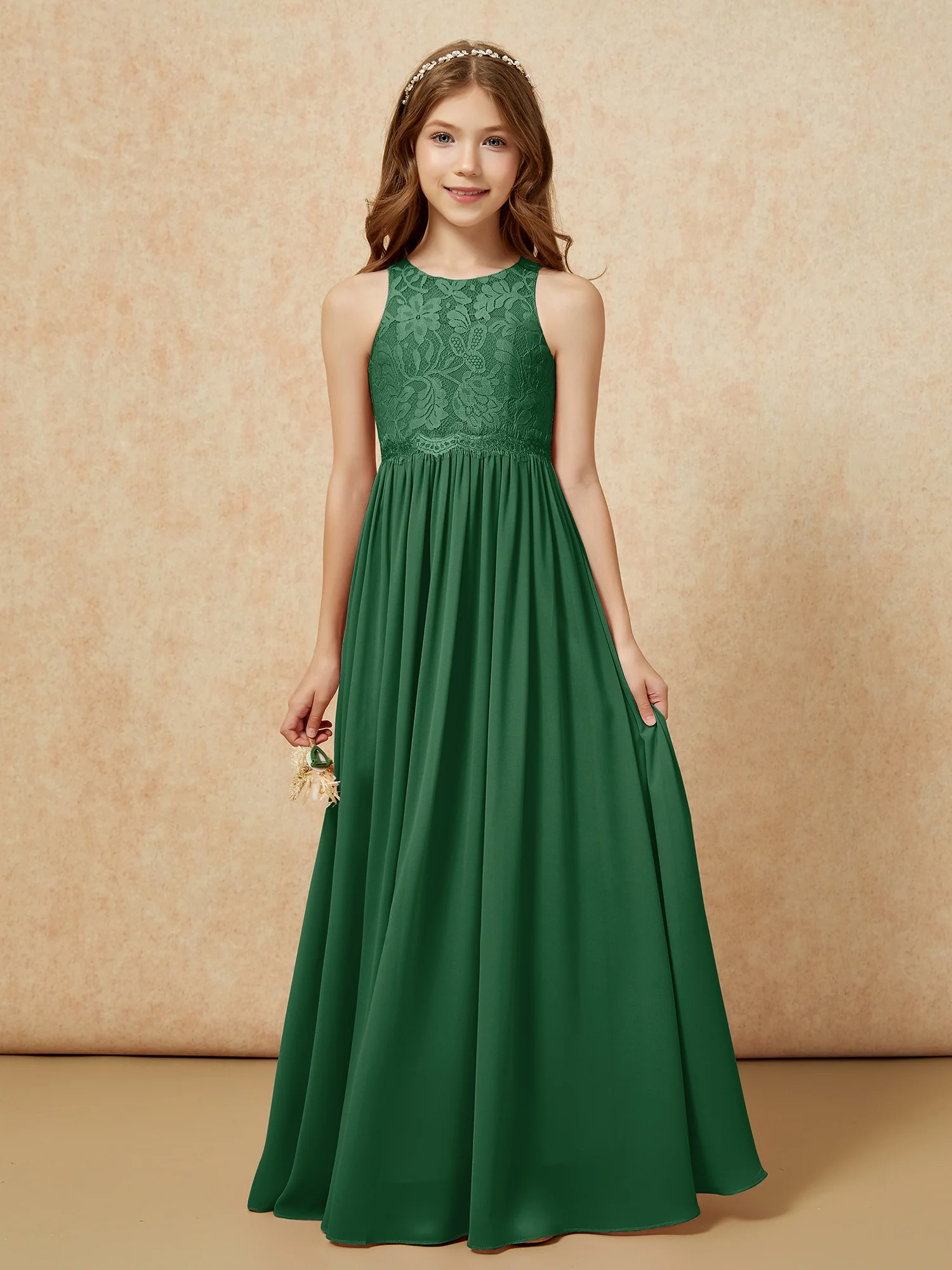 Sleeveless Lace Chiffon A-line Junior Bridesmaid Dress Dark Green