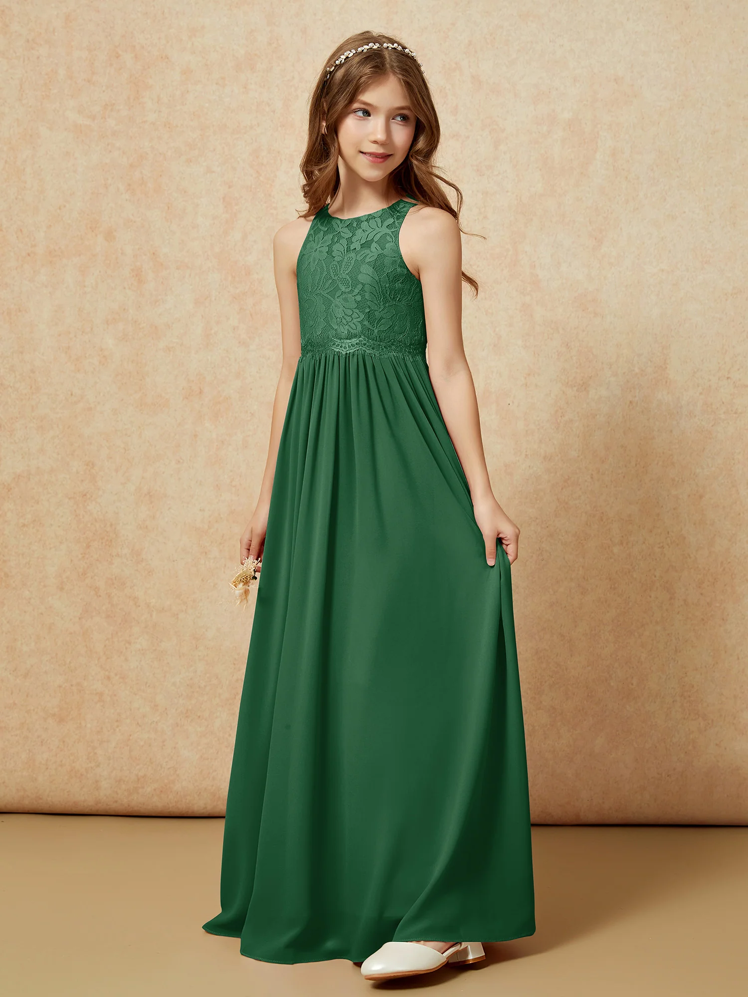 Sleeveless Lace Chiffon A-line Junior Bridesmaid Dress Dark Green - Image 3