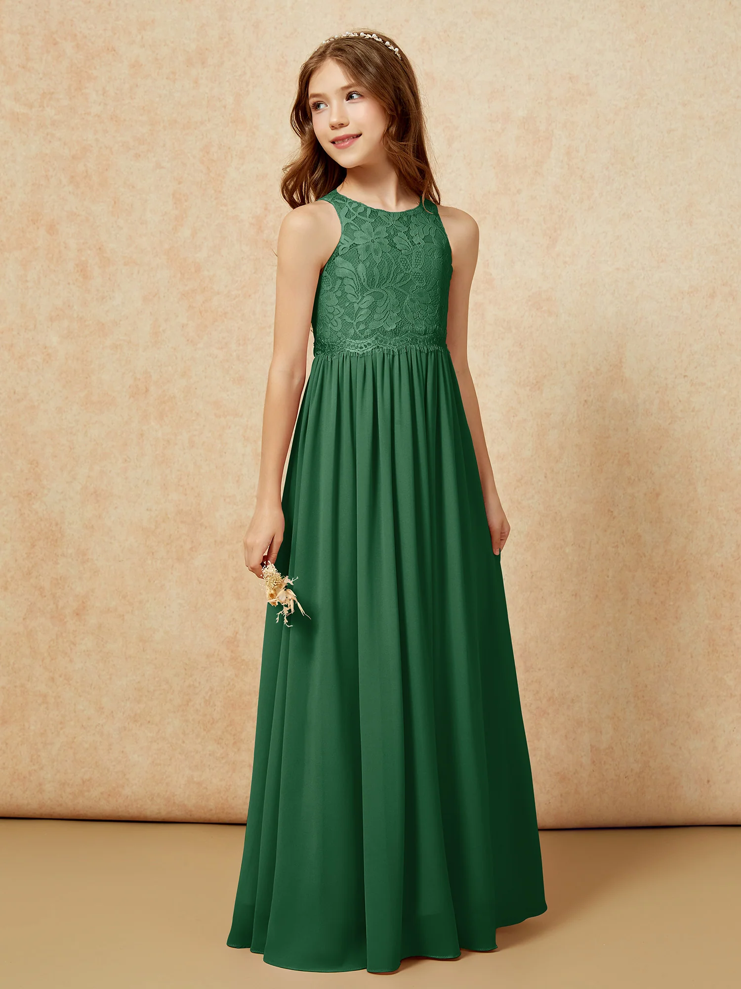 Sleeveless Lace Chiffon A-line Junior Bridesmaid Dress Dark Green - Image 5