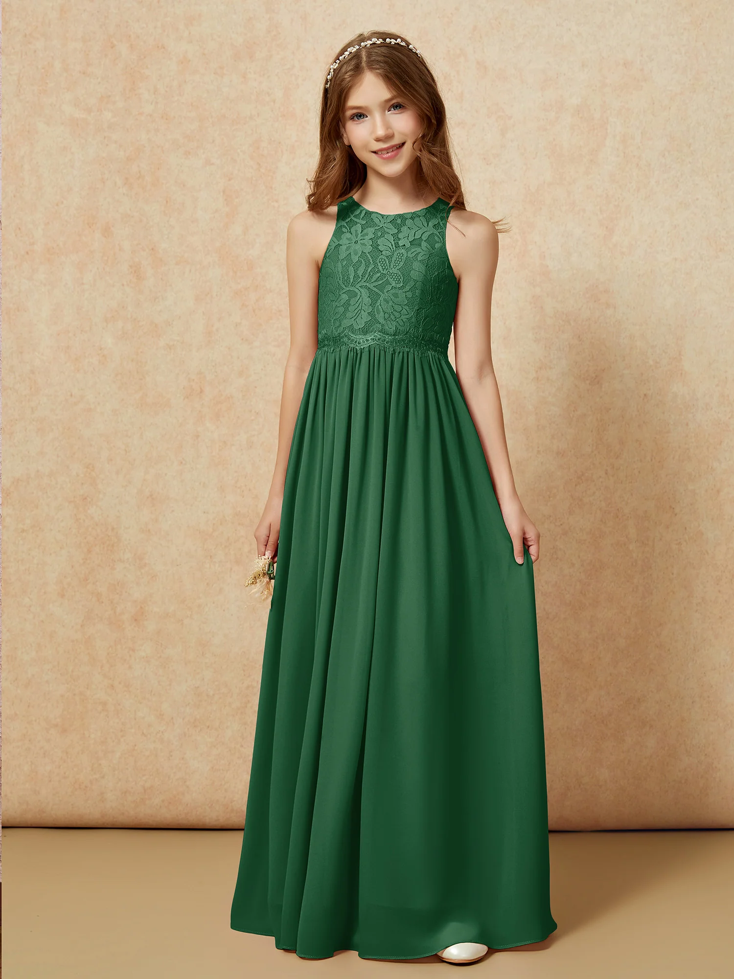 Sleeveless Lace Chiffon A-line Junior Bridesmaid Dress Dark Green - Image 6