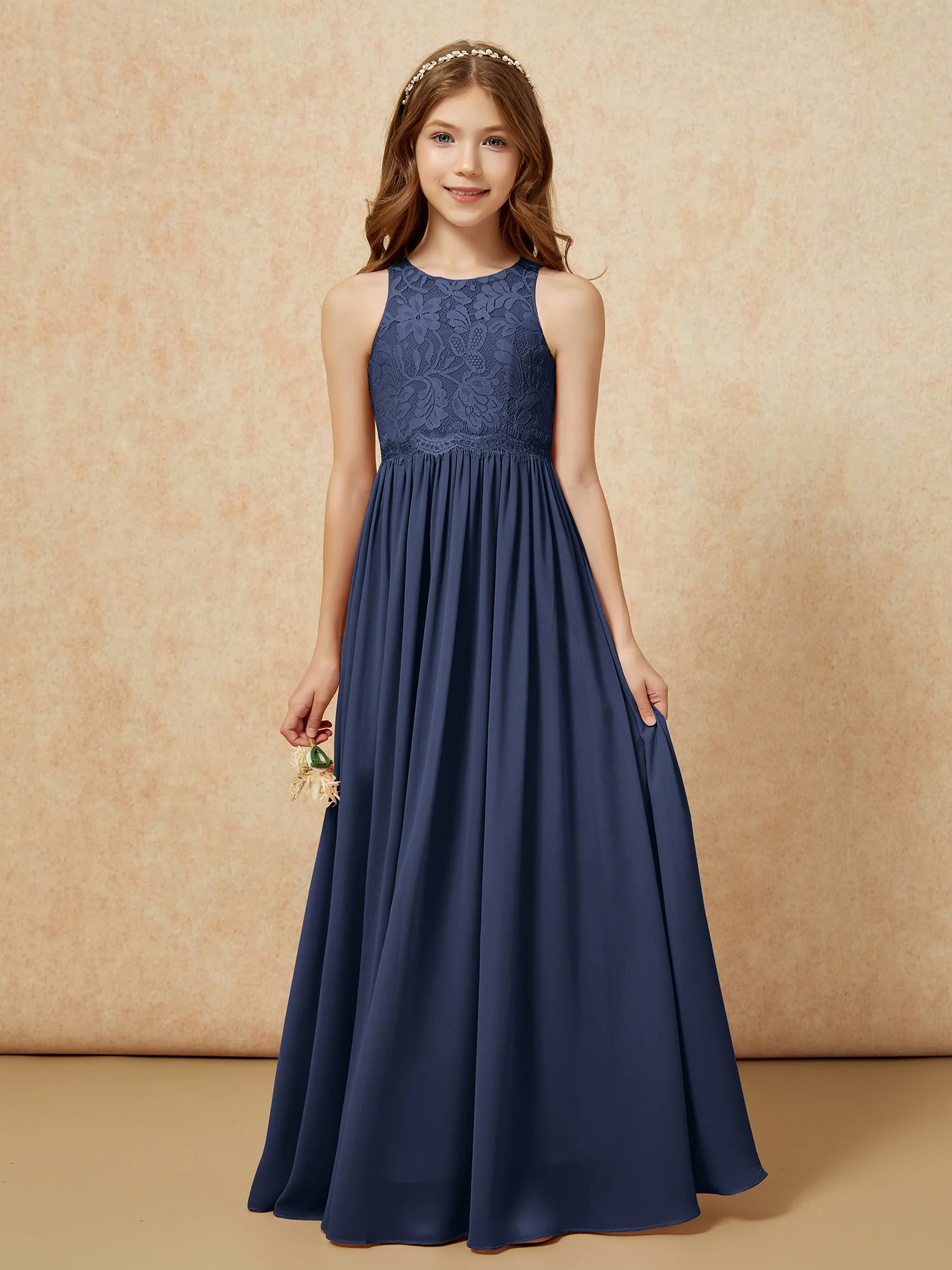 Sleeveless Lace Chiffon A-line Junior Bridesmaid Dress Dark Navy