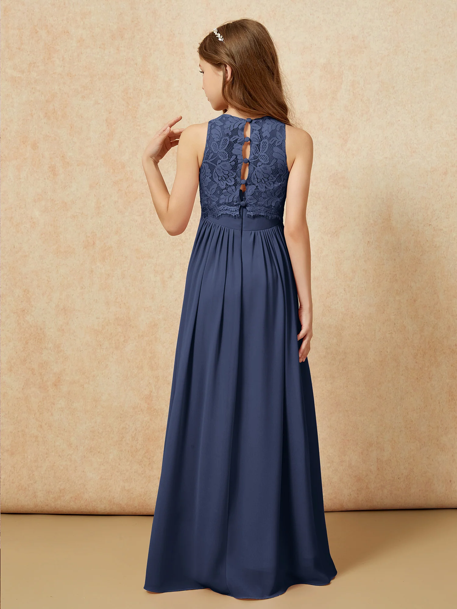 Sleeveless Lace Chiffon A-line Junior Bridesmaid Dress Dark Navy - Image 2