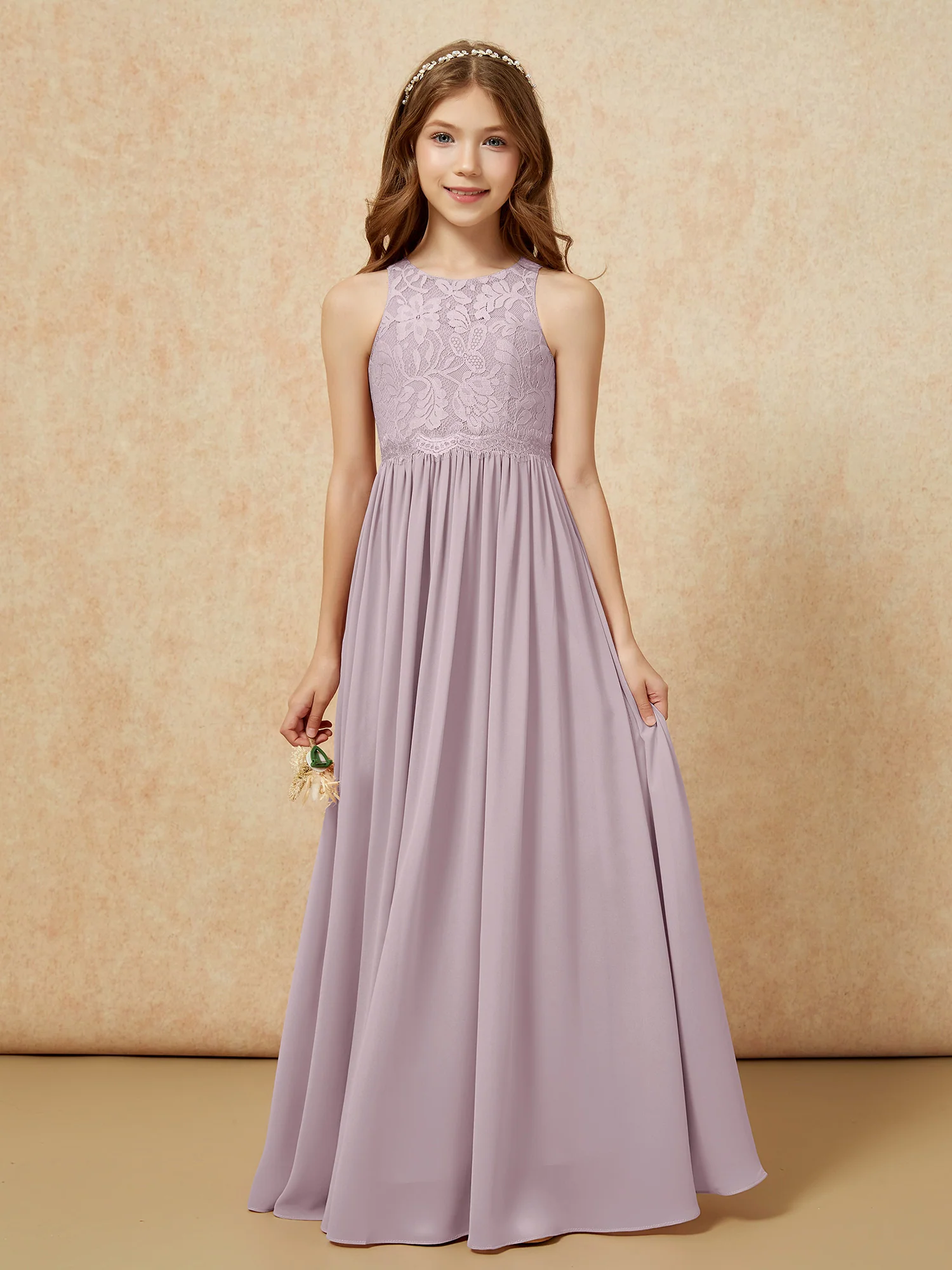 Sleeveless Lace Chiffon A-line Junior Bridesmaid Dress Dusk