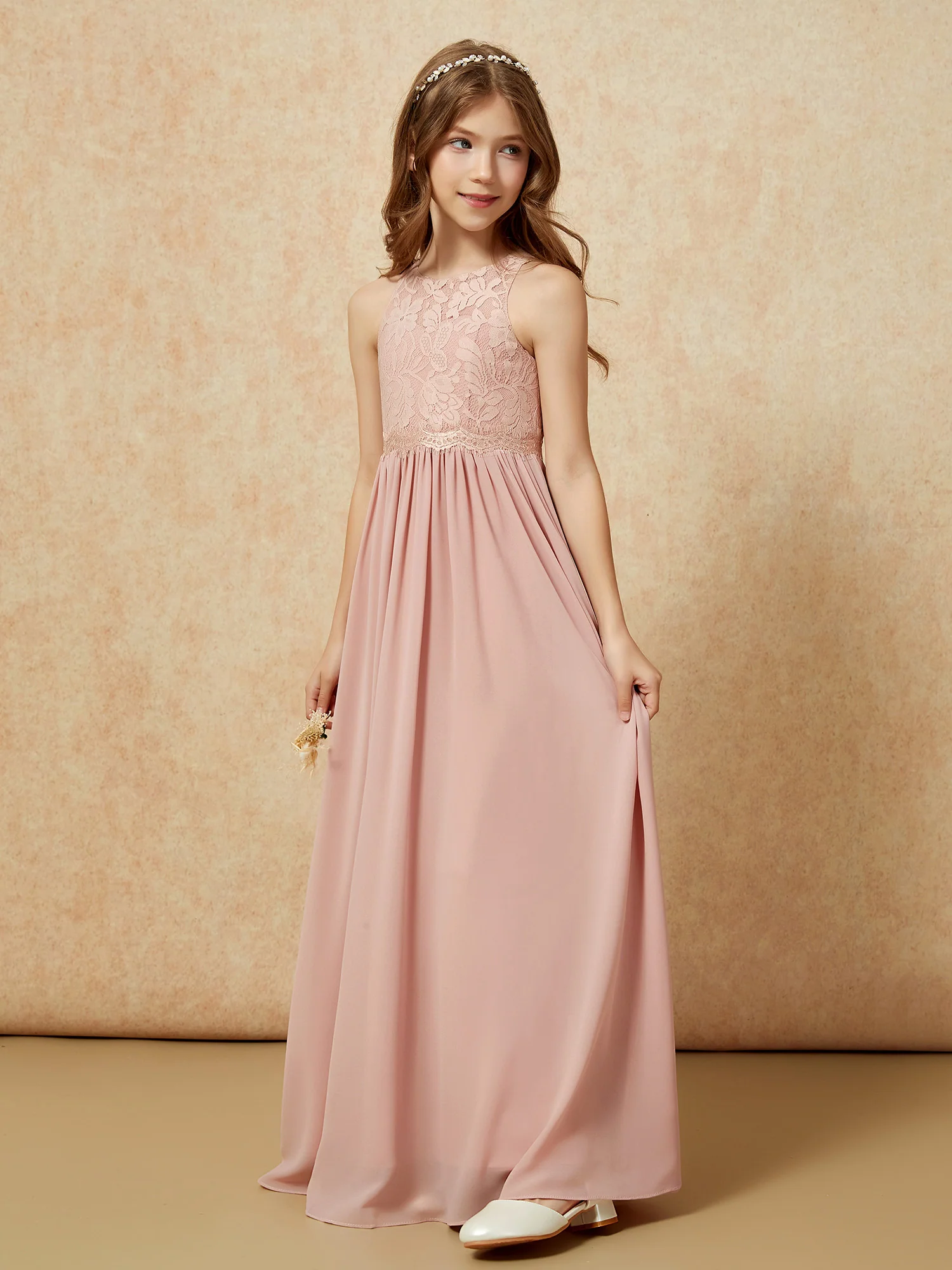 Sleeveless Lace Chiffon A-line Junior Bridesmaid Dress Dusty Rose - Image 3