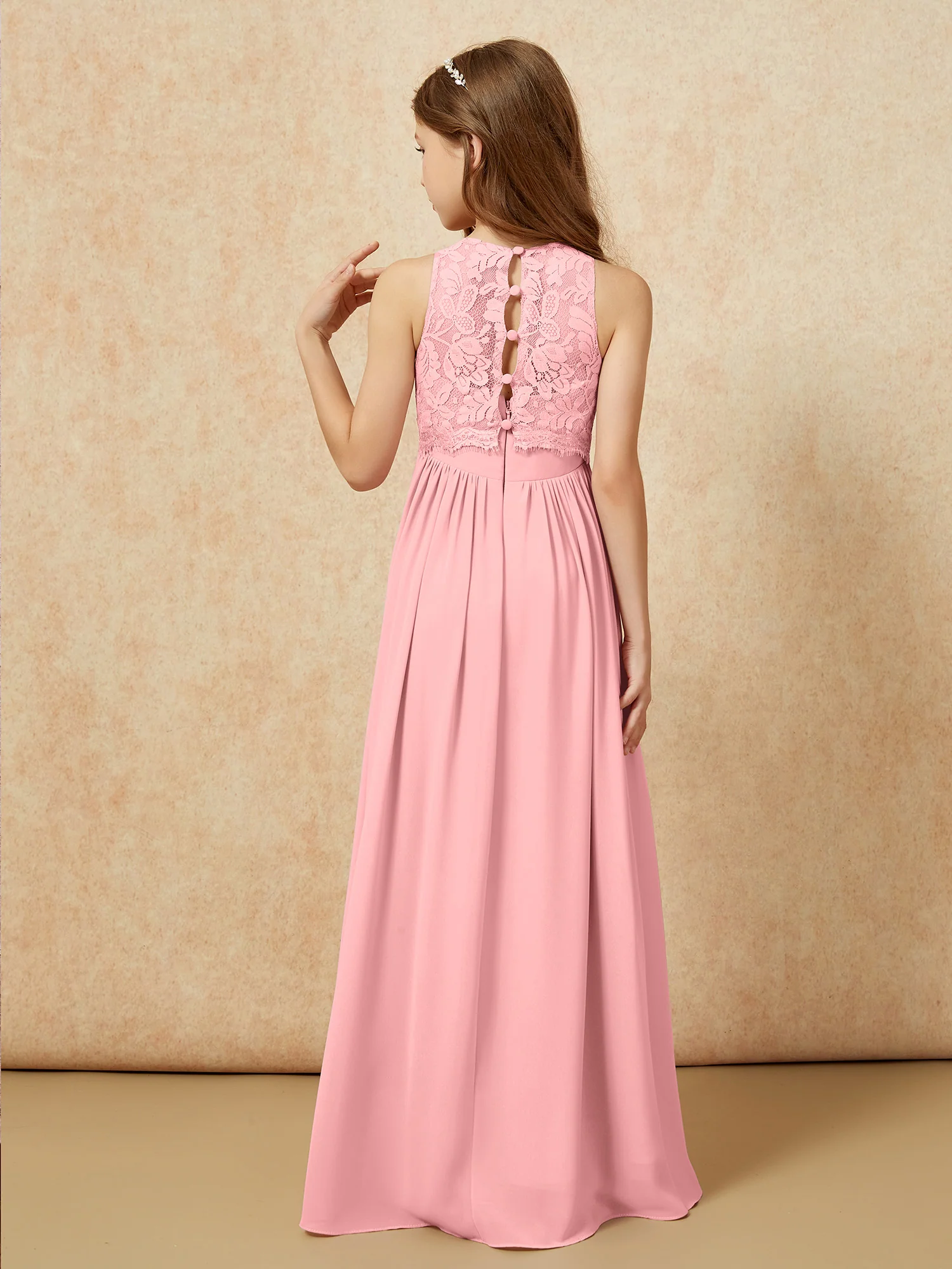 Sleeveless Lace Chiffon A-line Junior Bridesmaid Dress Flamingo - Image 2