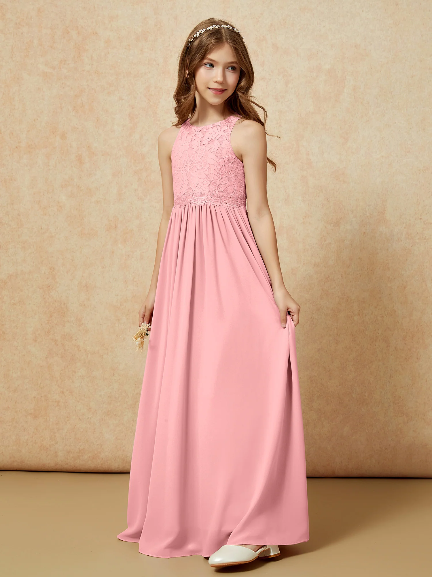 Sleeveless Lace Chiffon A-line Junior Bridesmaid Dress Flamingo - Image 3