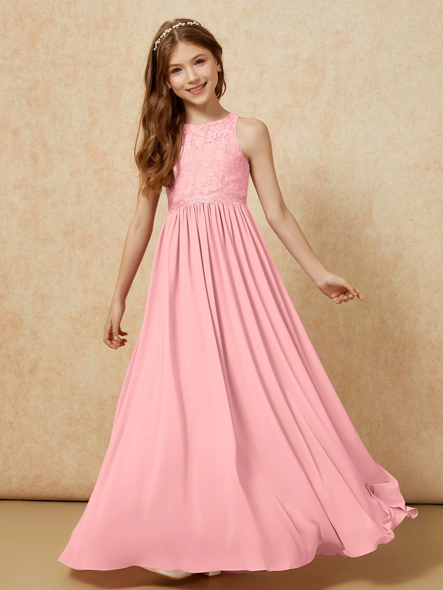 Sleeveless Lace Chiffon A-line Junior Bridesmaid Dress Flamingo - Image 4