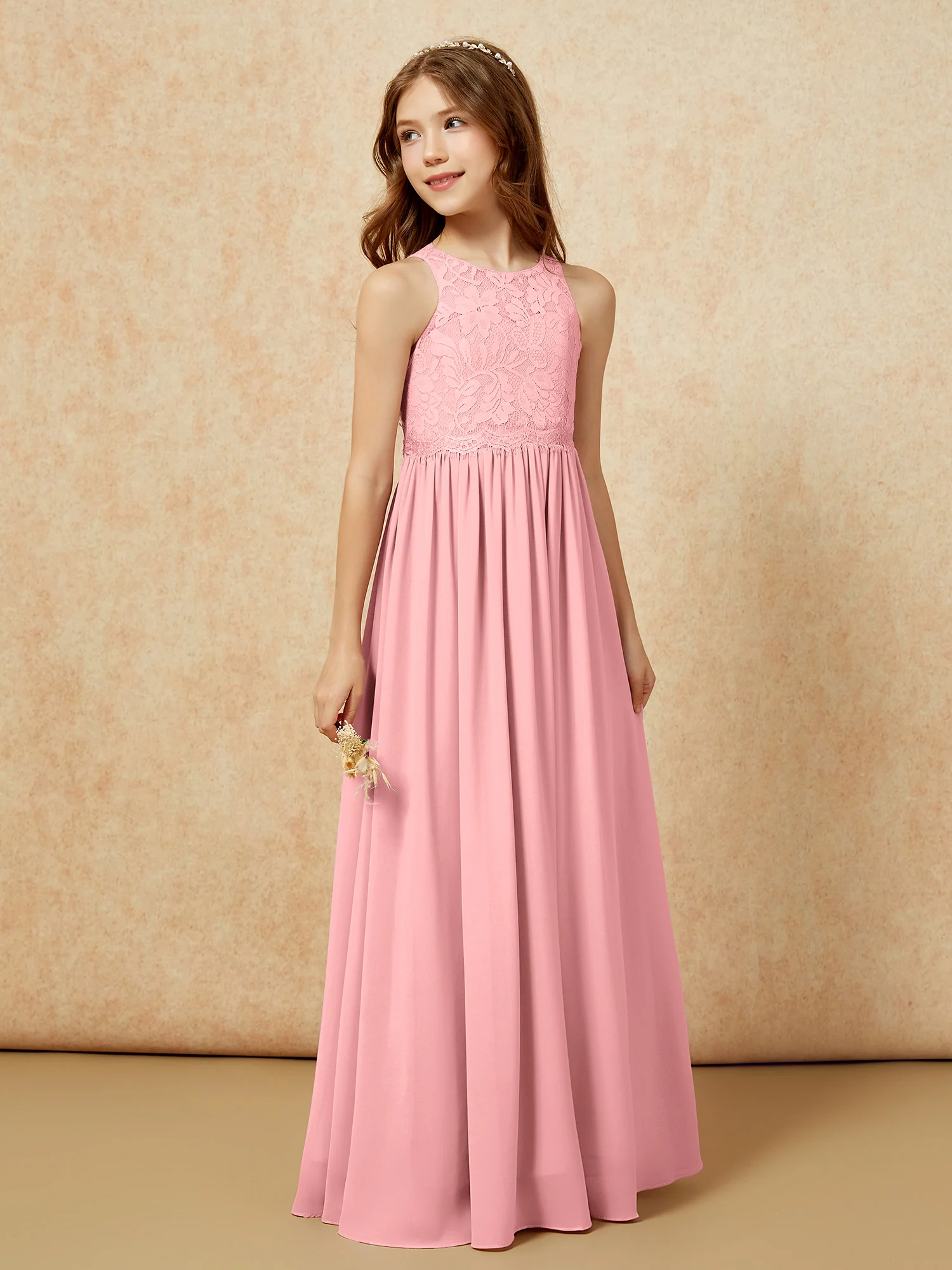 Sleeveless Lace Chiffon A-line Junior Bridesmaid Dress Flamingo - Image 5