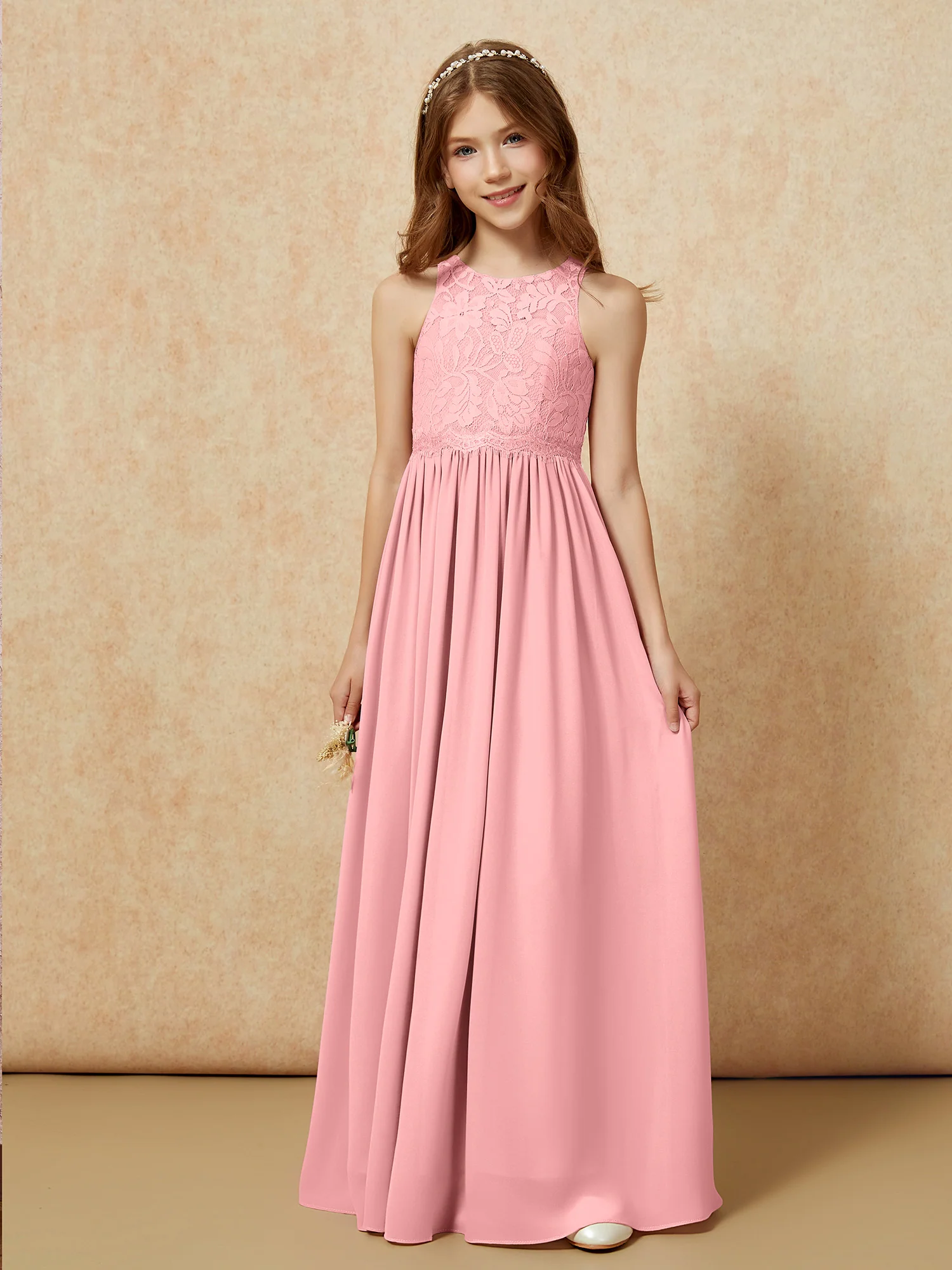 Sleeveless Lace Chiffon A-line Junior Bridesmaid Dress Flamingo - Image 6