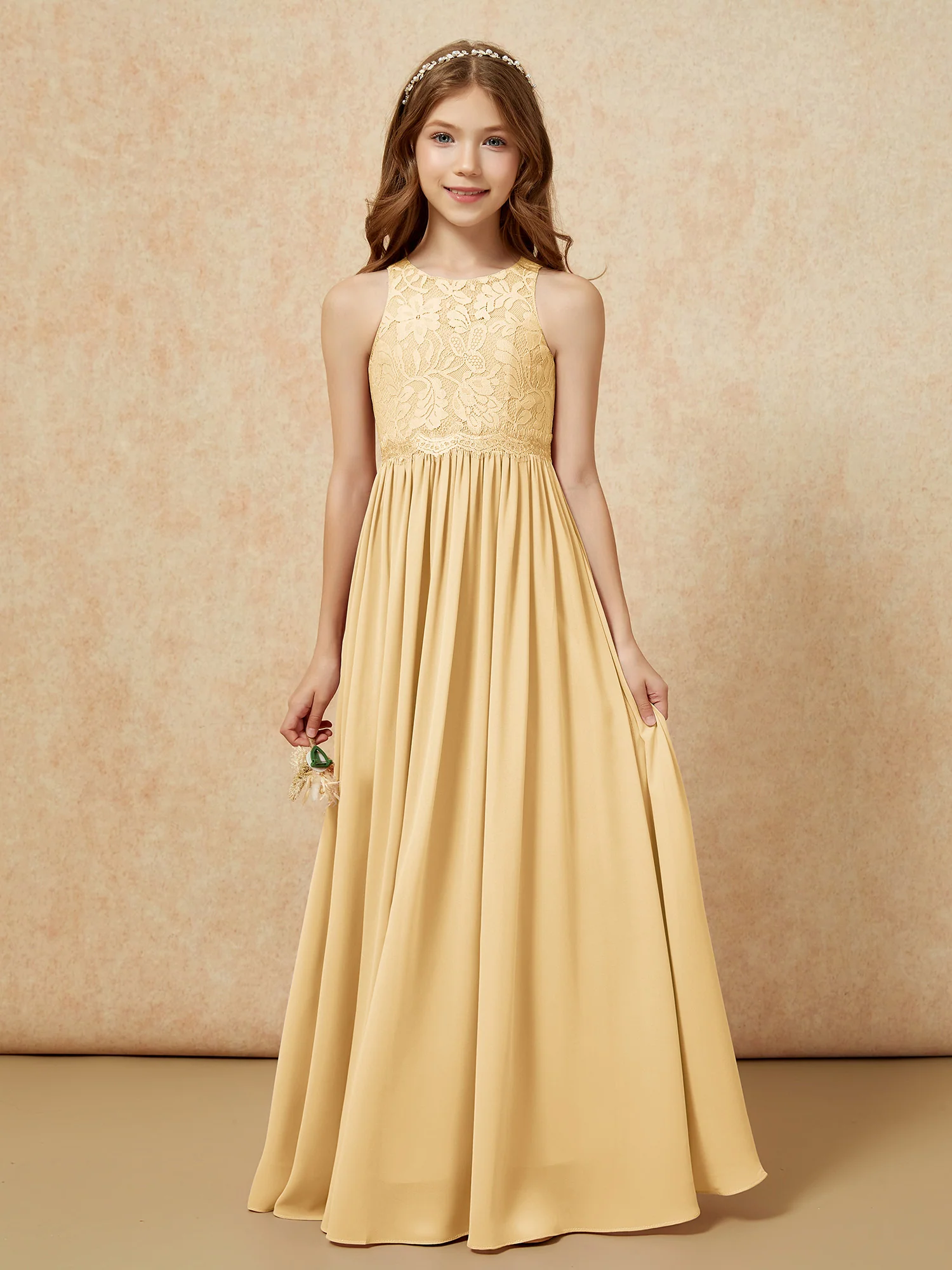 Sleeveless Lace Chiffon A-line Junior Bridesmaid Dress Gold
