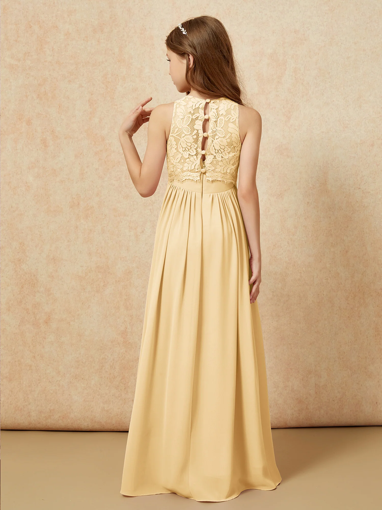 Sleeveless Lace Chiffon A-line Junior Bridesmaid Dress Gold - Image 3
