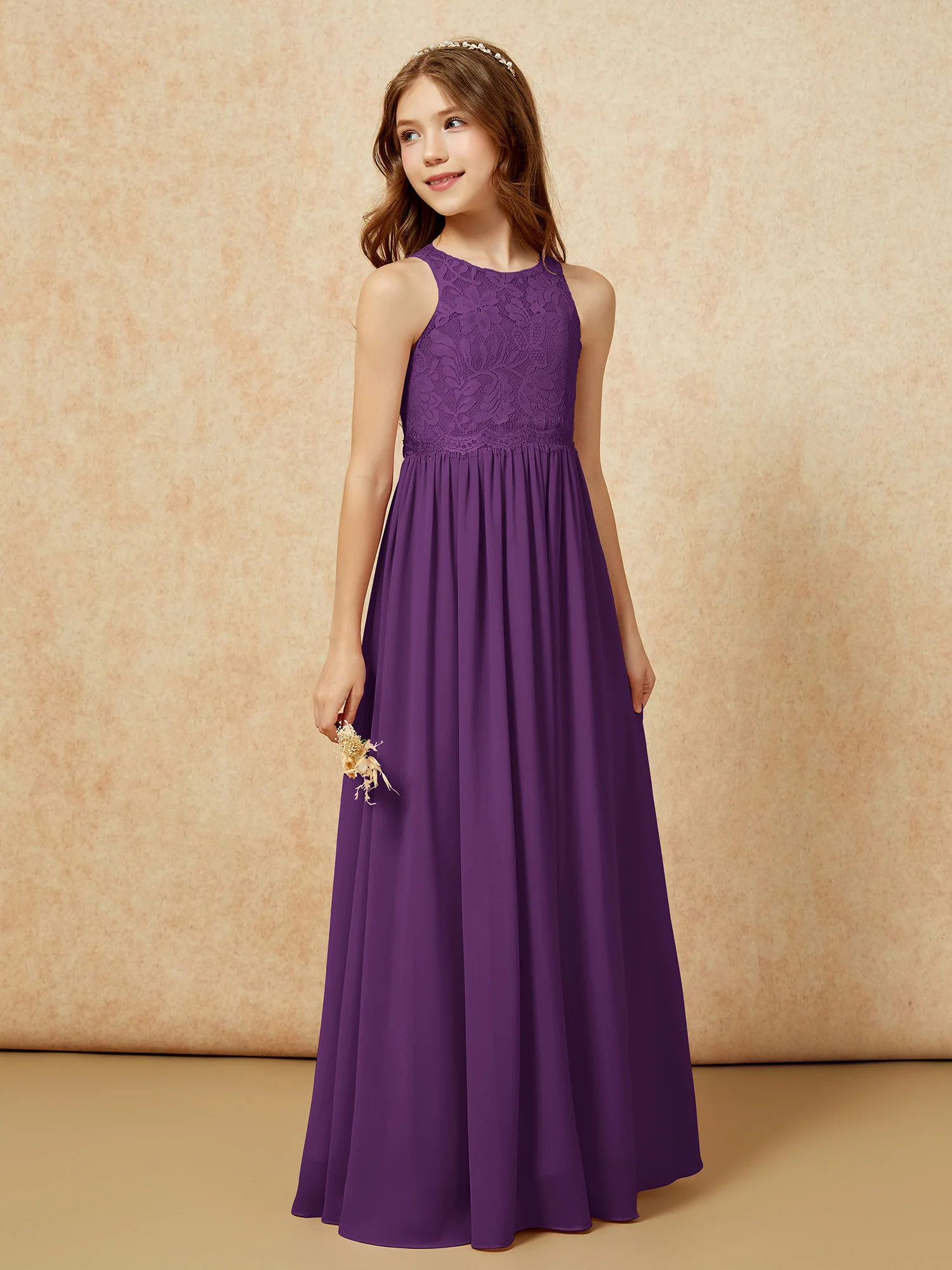 Sleeveless Lace Chiffon A-line Junior Bridesmaid Dress Grape - Image 5