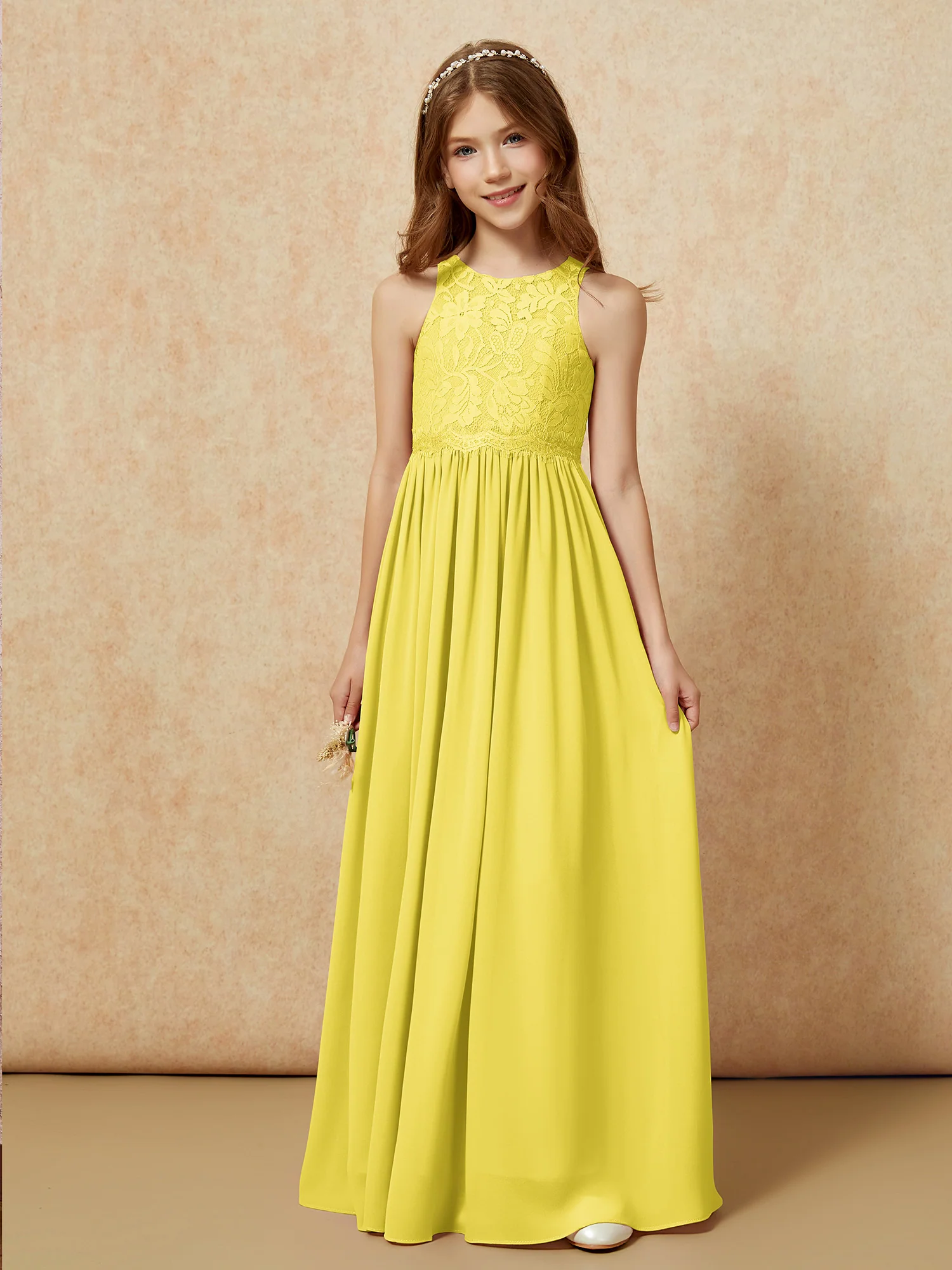 Sleeveless Lace Chiffon A-line Junior Bridesmaid Dress Lemon - Image 6