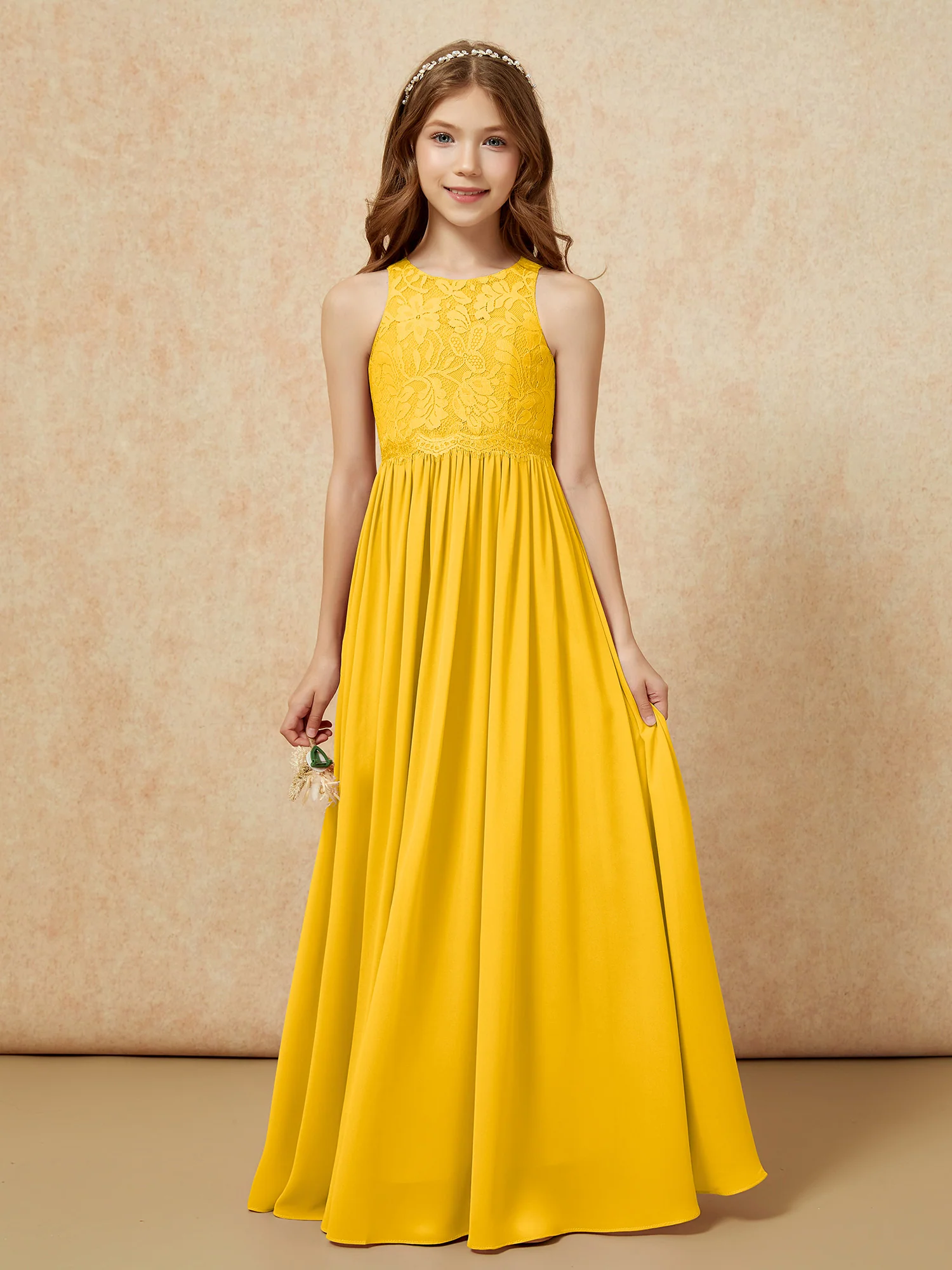 Sleeveless Lace Chiffon A-line Junior Bridesmaid Dress Marigold