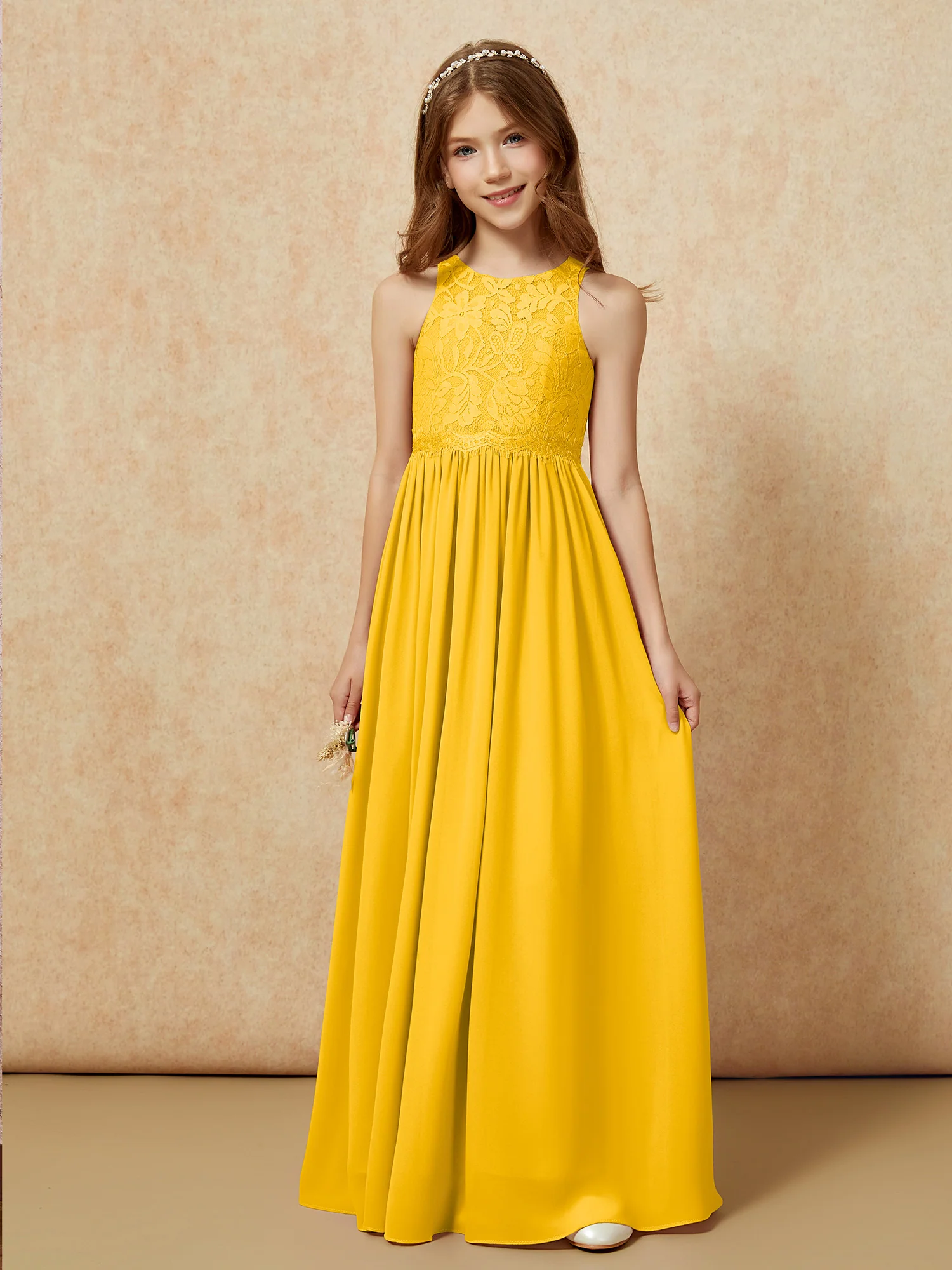 Sleeveless Lace Chiffon A-line Junior Bridesmaid Dress Marigold - Image 6