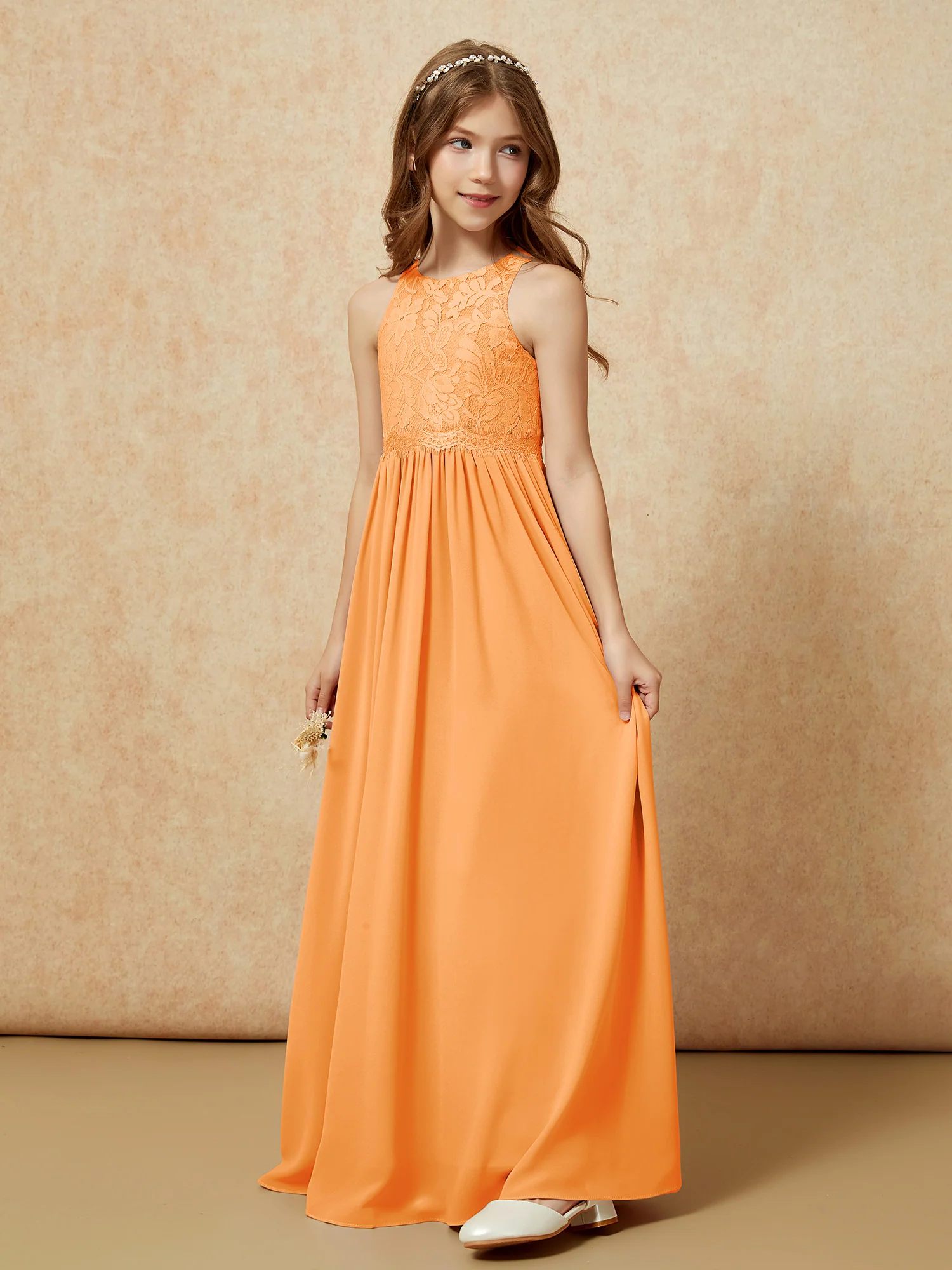 Sleeveless Lace Chiffon A-line Junior Bridesmaid Dress Orange - Image 3