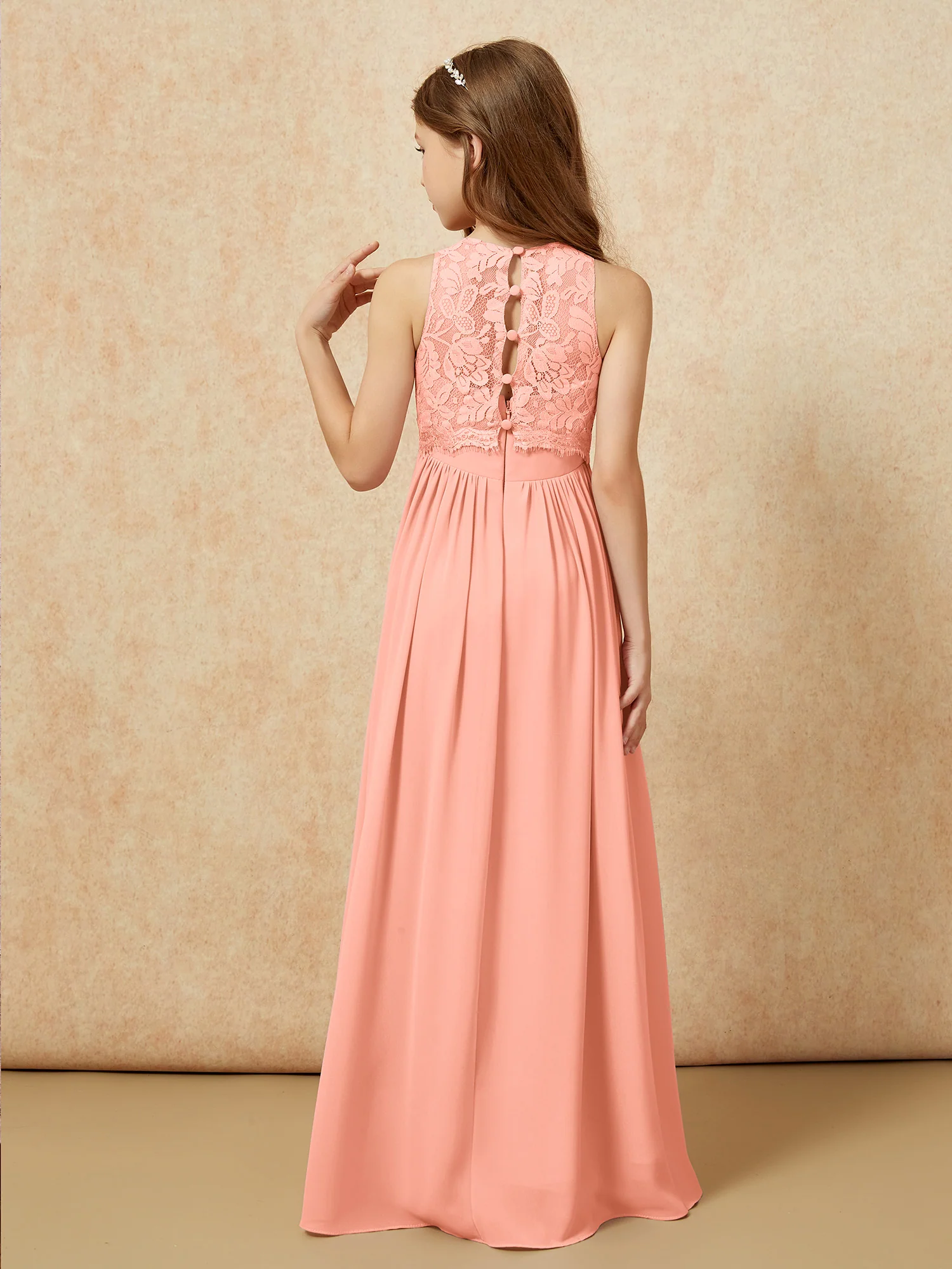 Sleeveless Lace Chiffon A-line Junior Bridesmaid Dress Papaya - Image 2