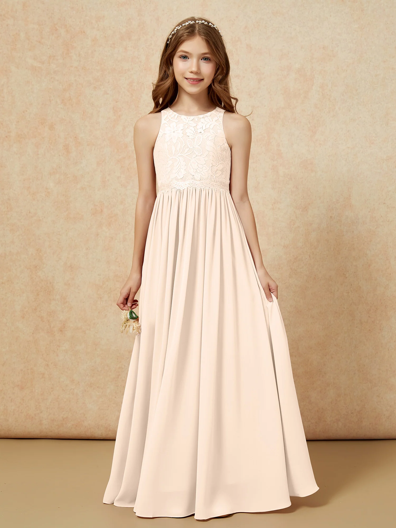 Sleeveless Lace Chiffon A-line Junior Bridesmaid Dress Peach