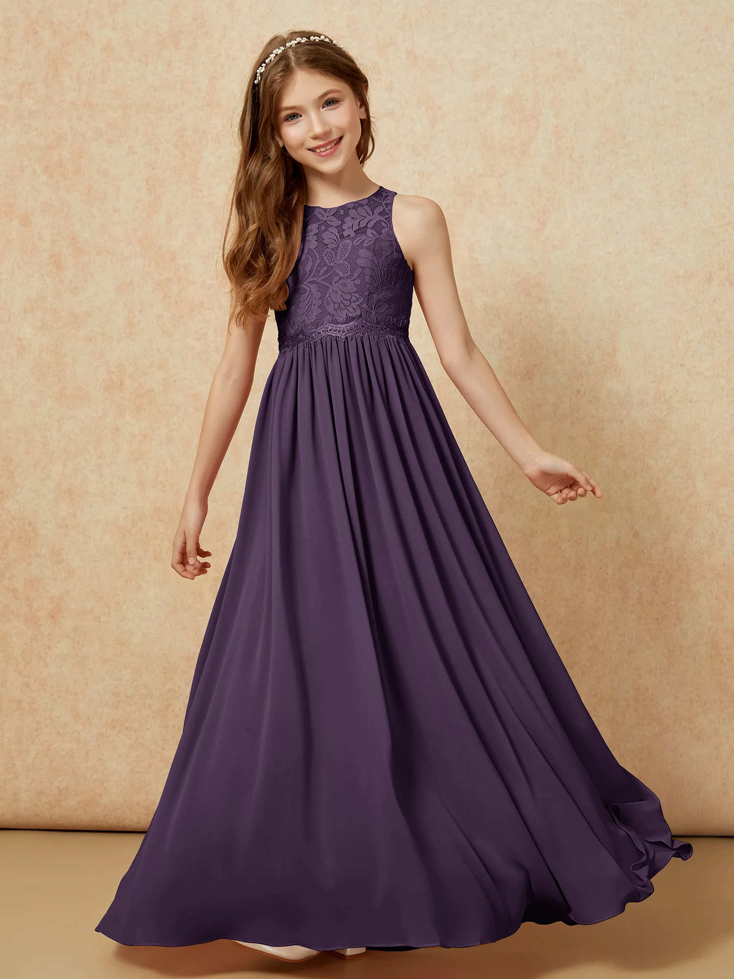 Sleeveless Lace Chiffon A-line Junior Bridesmaid Dress Plum - Image 4