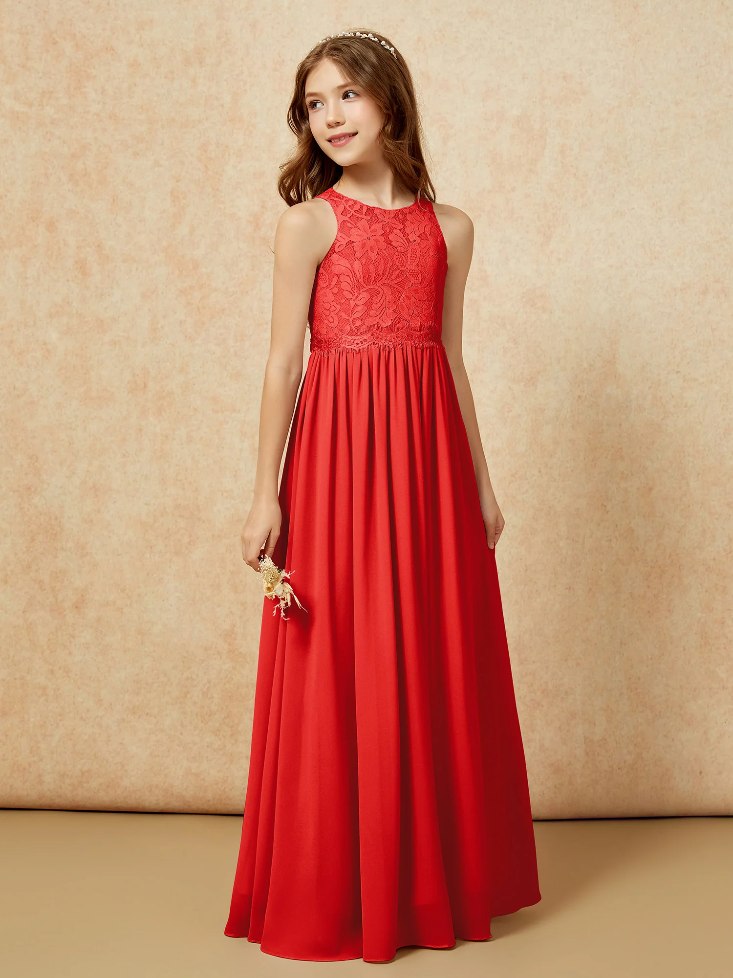 Sleeveless Lace Chiffon A-line Junior Bridesmaid Dress Red - Image 5
