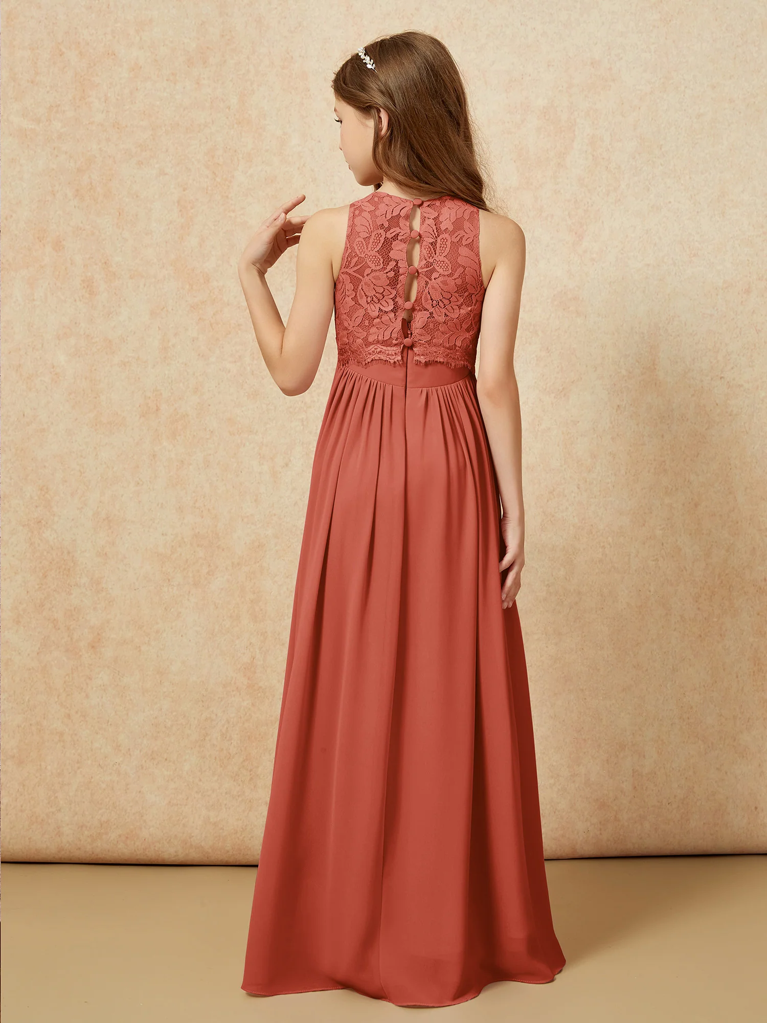 Sleeveless Lace Chiffon A-line Junior Bridesmaid Dress Rust - Image 2