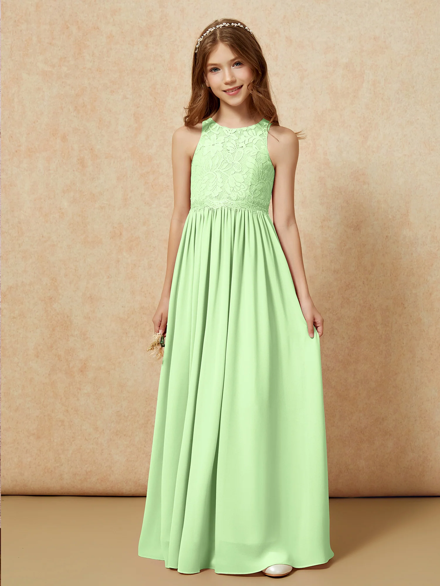 Sleeveless Lace Chiffon A-line Junior Bridesmaid Dress Sage - Image 6