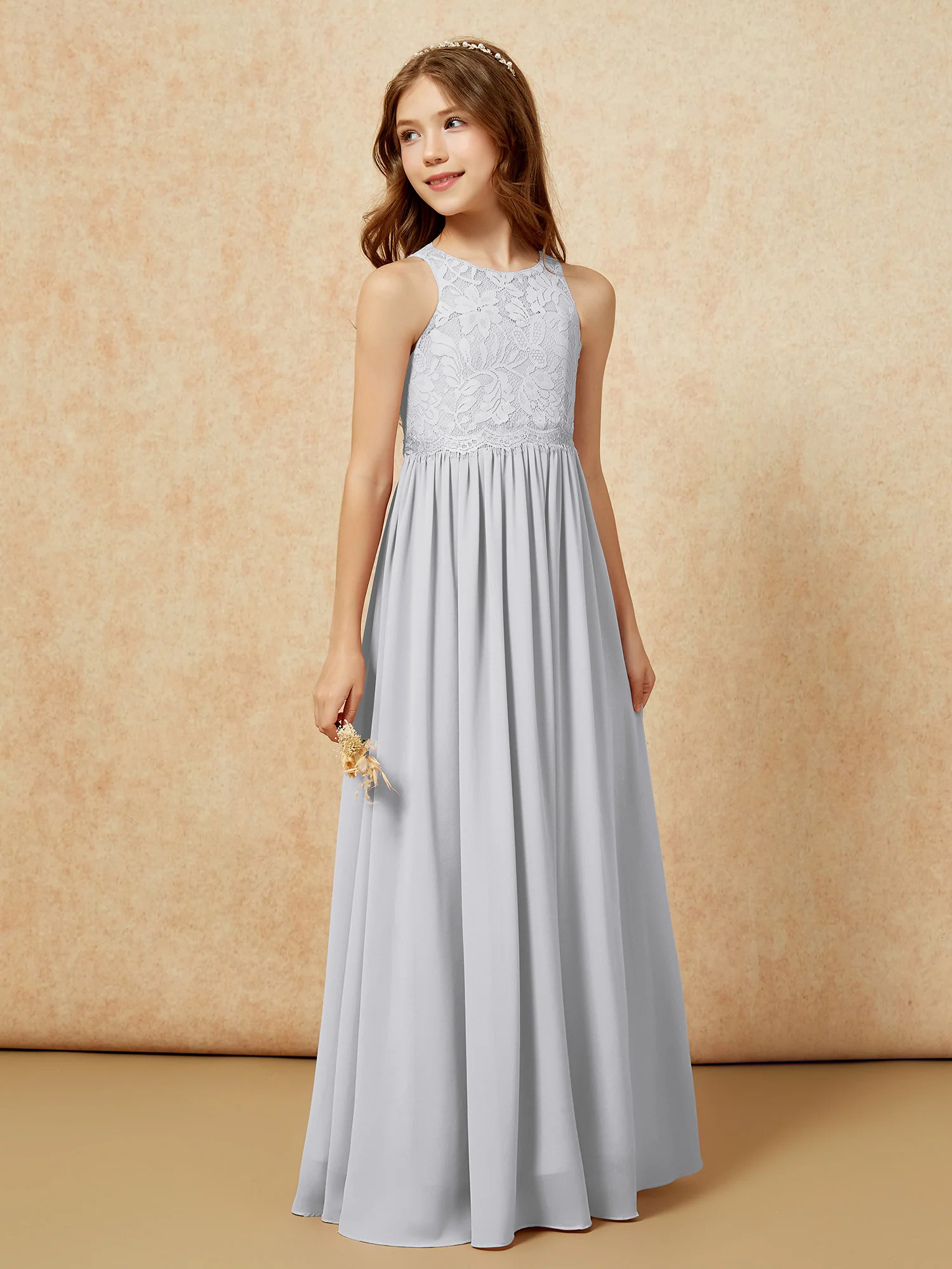 Sleeveless Lace Chiffon A-line Junior Bridesmaid Dress Silver - Image 5