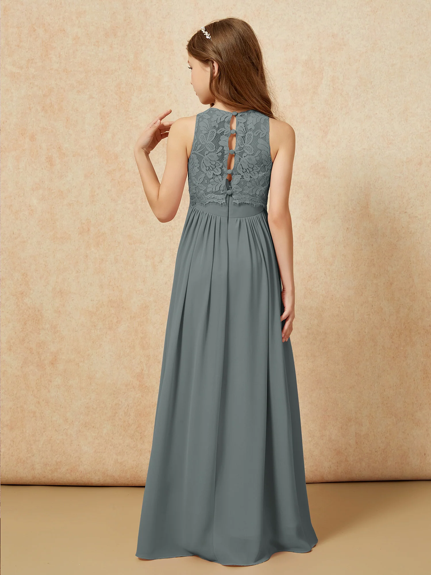 Sleeveless Lace Chiffon A-line Junior Bridesmaid Dress Steel Grey - Image 2