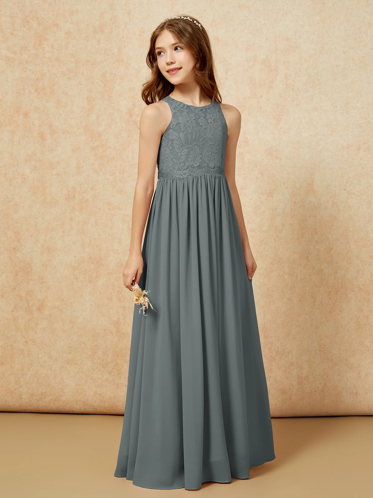 Sleeveless Lace Chiffon A-line Junior Bridesmaid Dress Steel Grey - Image 5