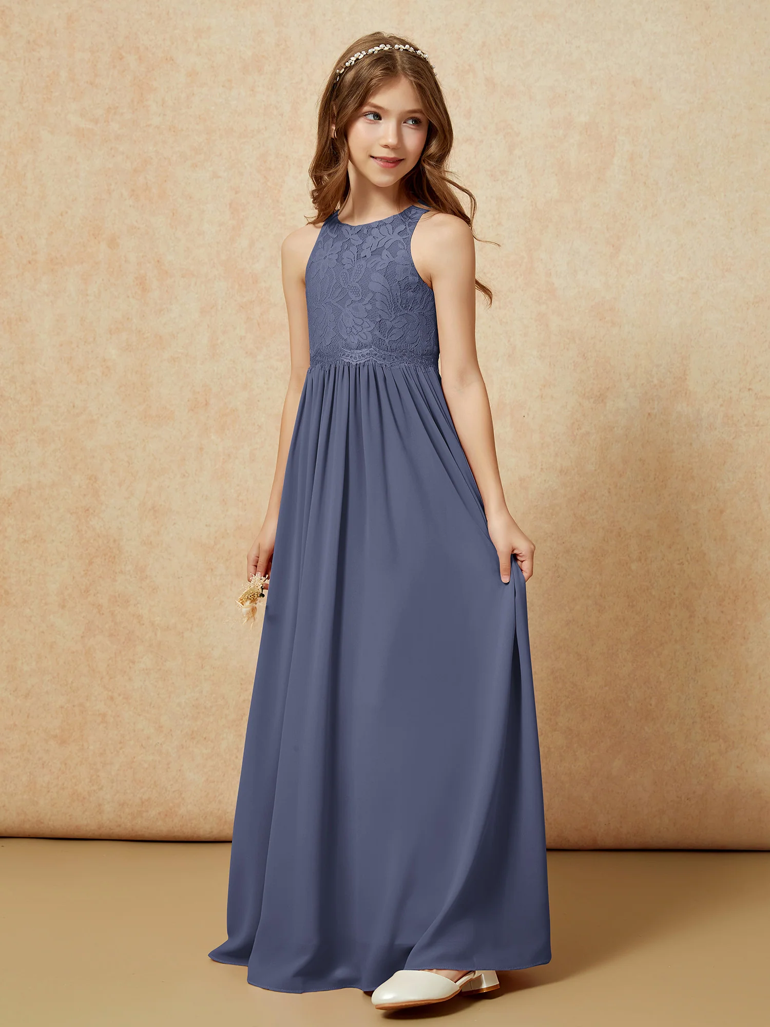 Sleeveless Lace Chiffon A-line Junior Bridesmaid Dress Stormy - Image 3
