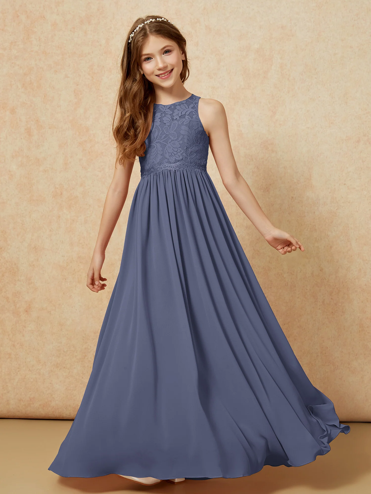 Sleeveless Lace Chiffon A-line Junior Bridesmaid Dress Stormy - Image 4