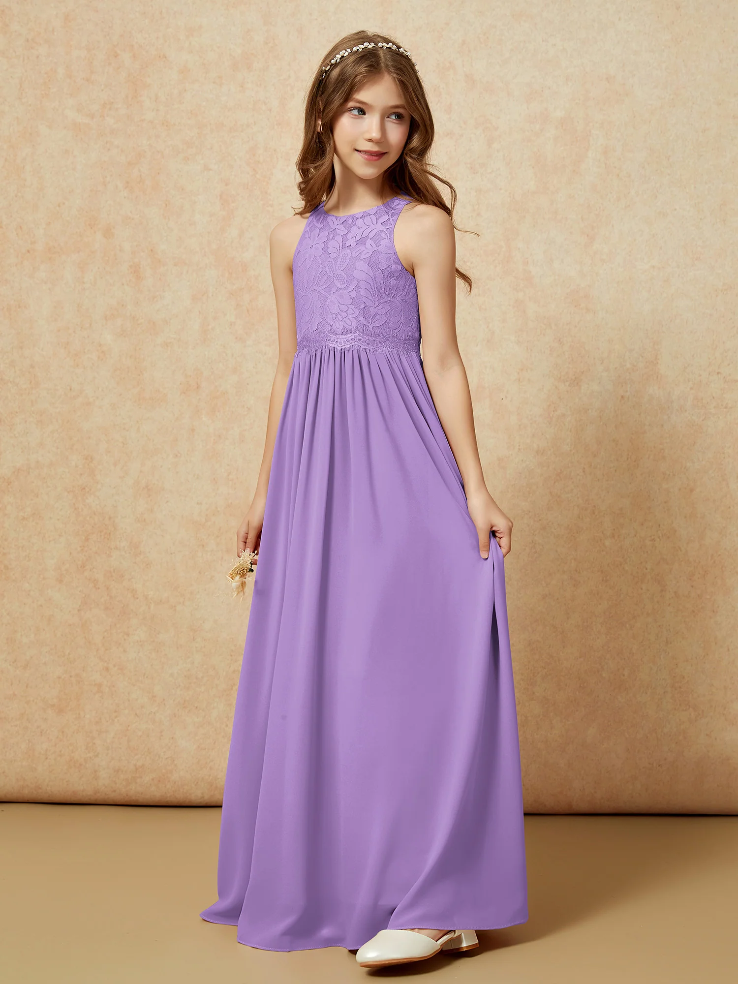 Sleeveless Lace Chiffon A-line Junior Bridesmaid Dress Tahiti - Image 3