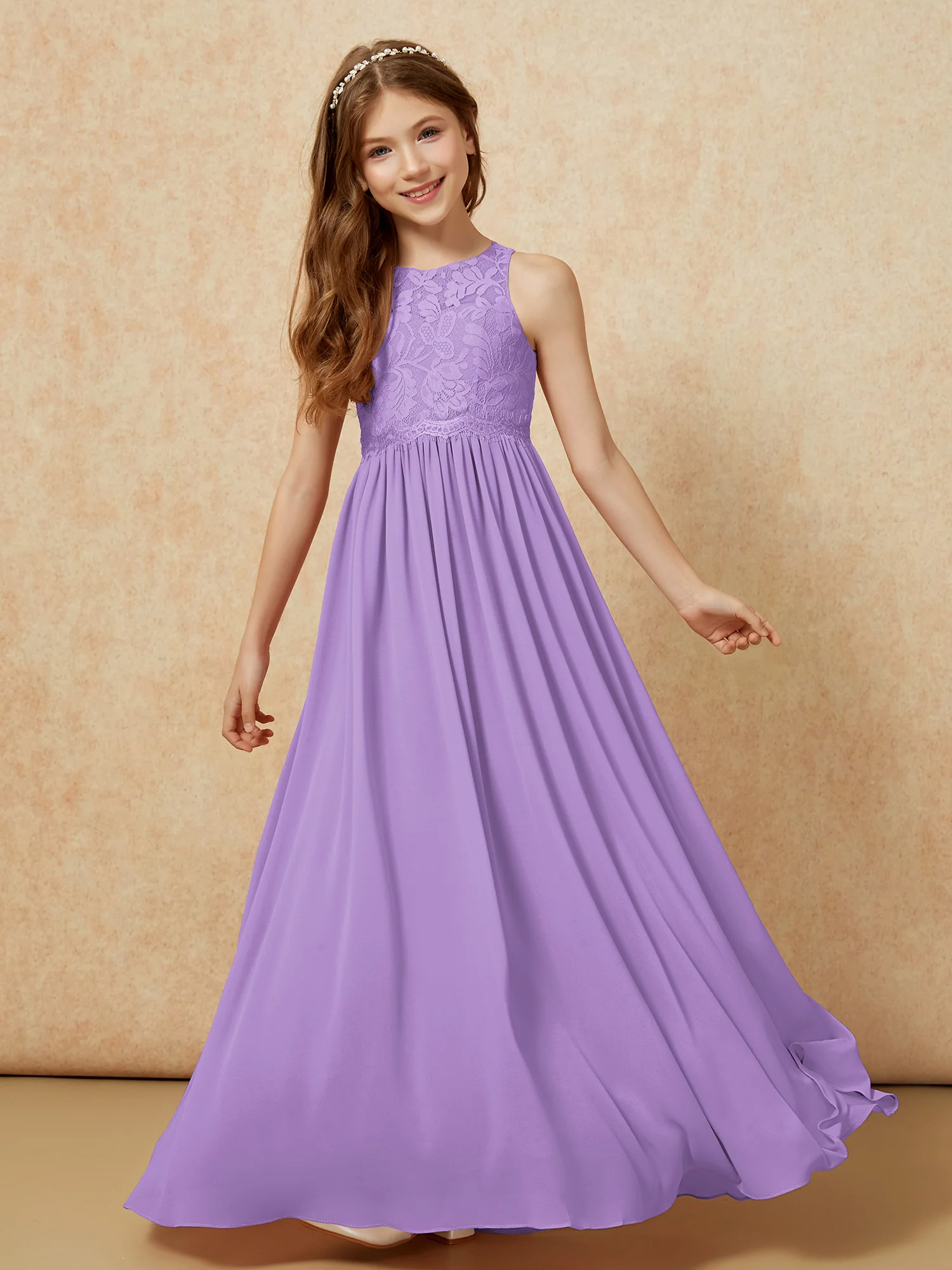 Sleeveless Lace Chiffon A-line Junior Bridesmaid Dress Tahiti - Image 4
