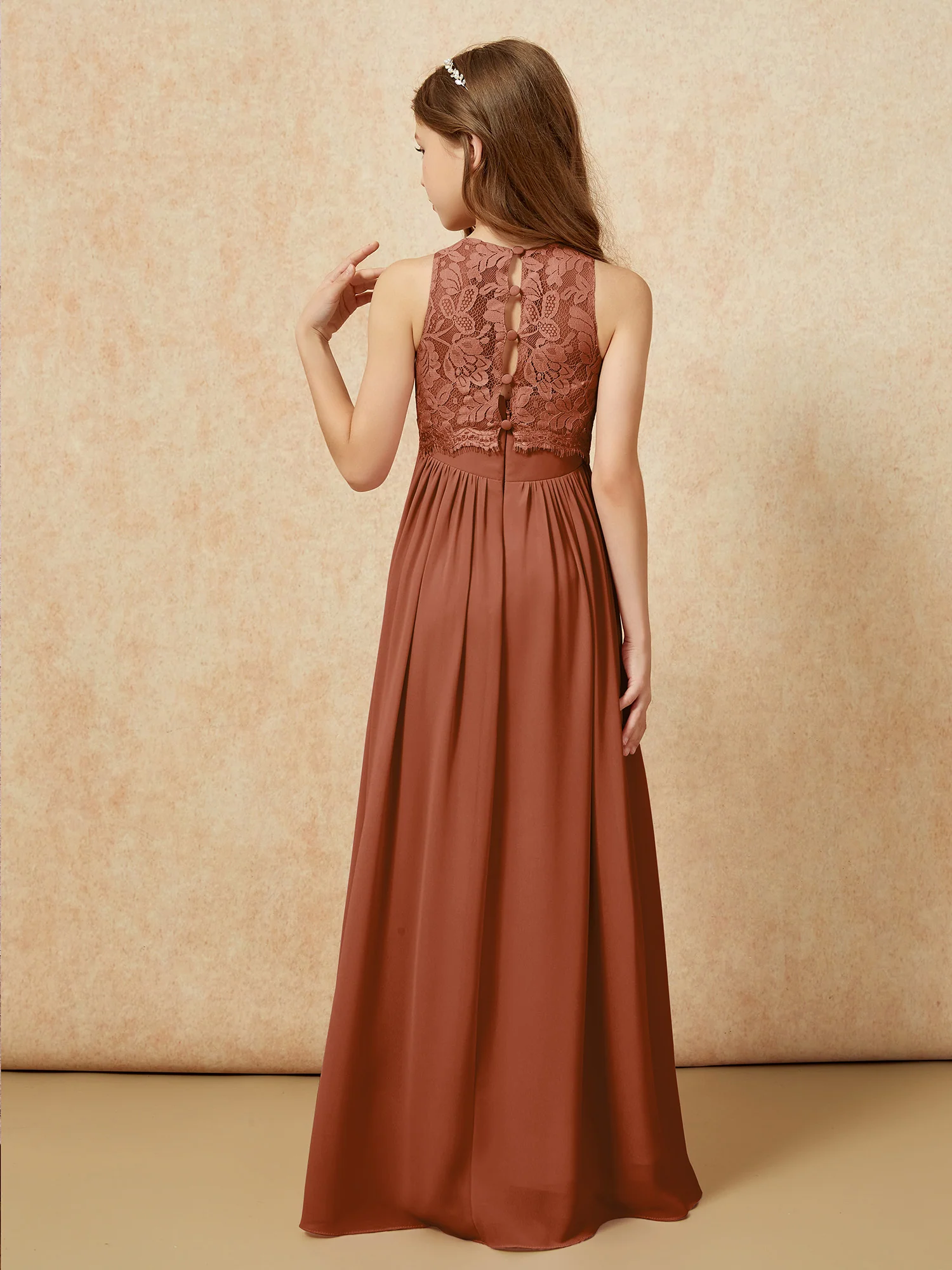 Sleeveless Lace Chiffon A-line Junior Bridesmaid Dress Terracotta - Image 2
