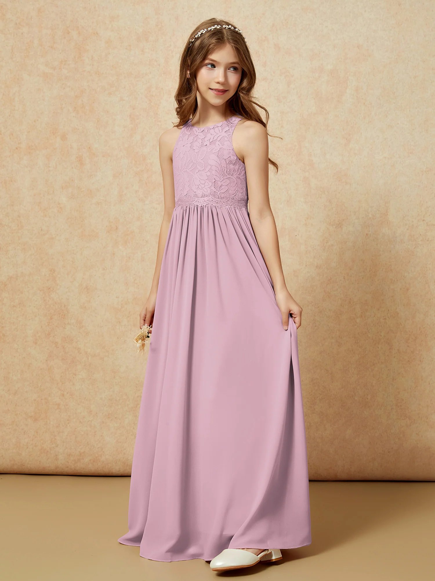 Sleeveless Lace Chiffon A-line Junior Bridesmaid Dress Vintage Mauve - Image 3