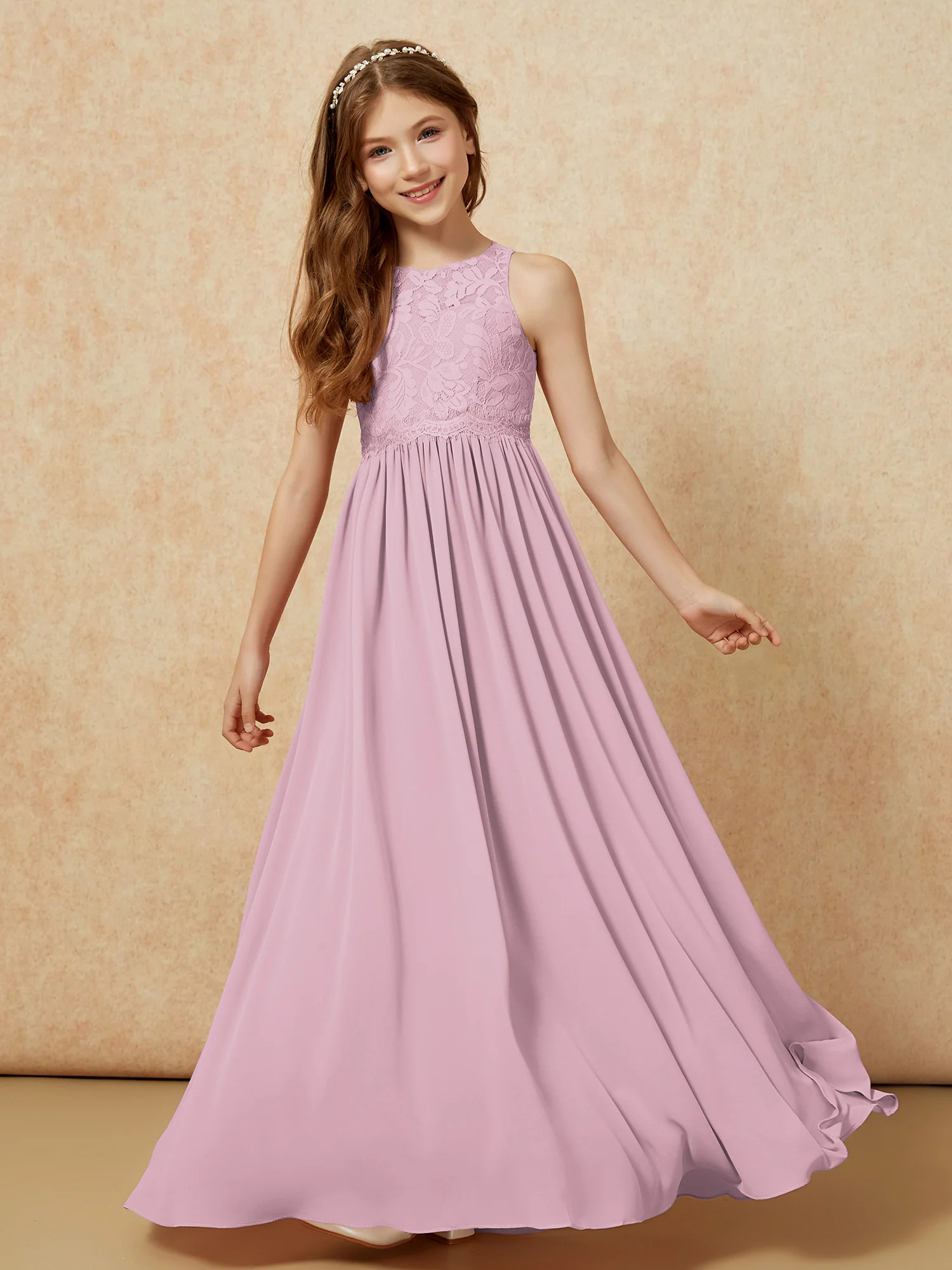 Sleeveless Lace Chiffon A-line Junior Bridesmaid Dress Vintage Mauve - Image 4