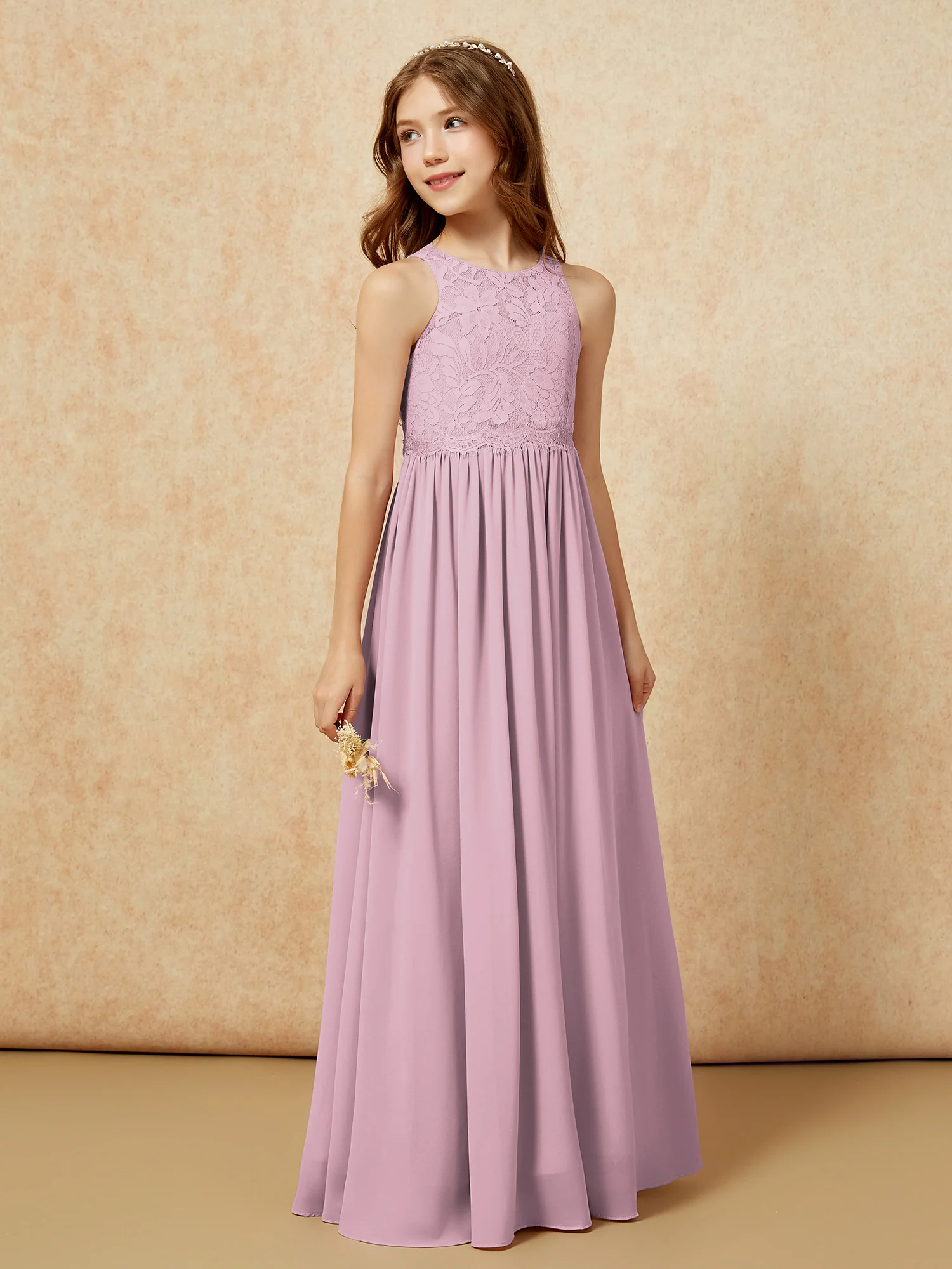 Sleeveless Lace Chiffon A-line Junior Bridesmaid Dress Vintage Mauve - Image 5
