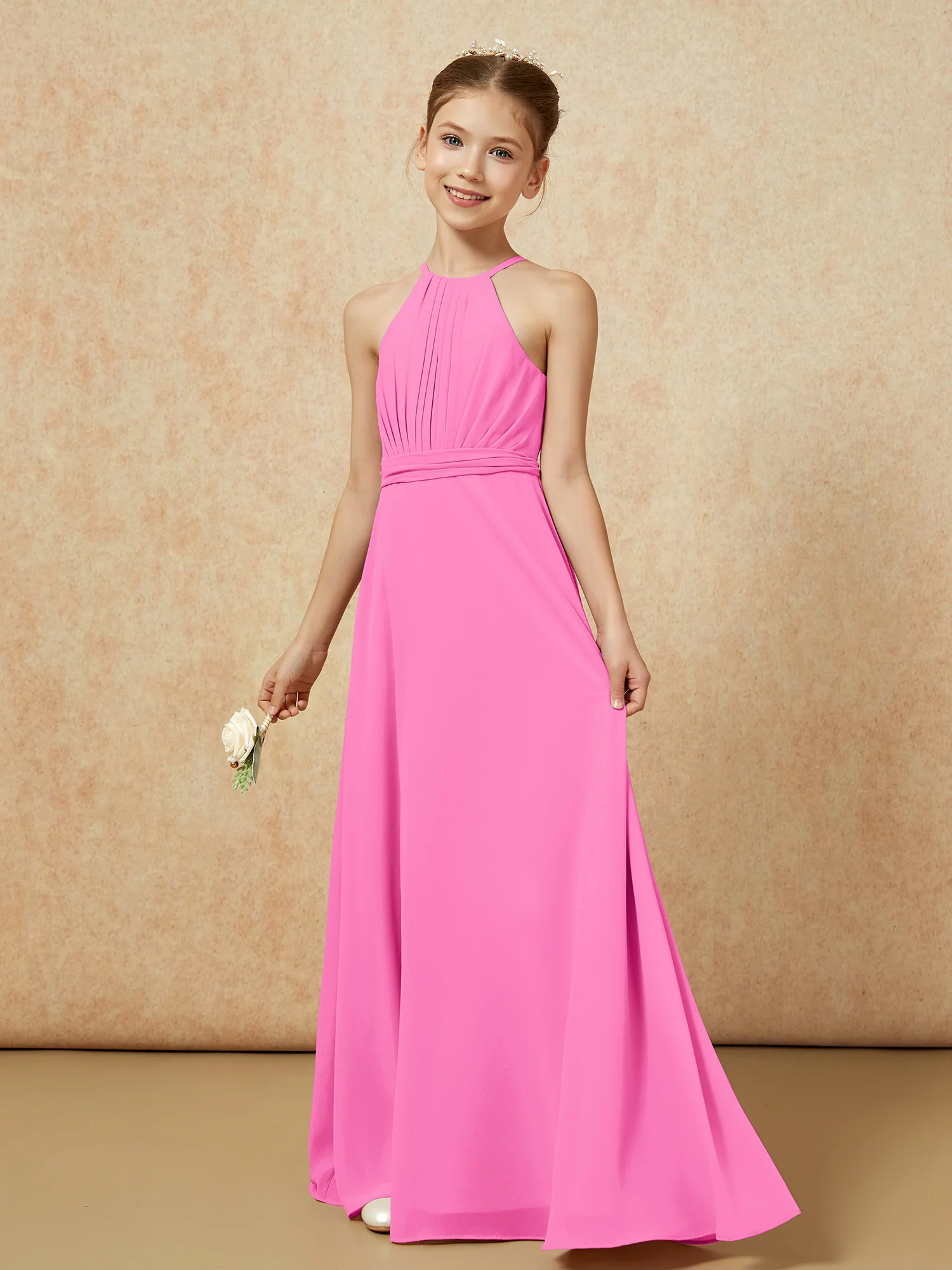 Sleeveless Pleated Long Chiffon Junior Bridesmaid Dress Azalea - Image 3