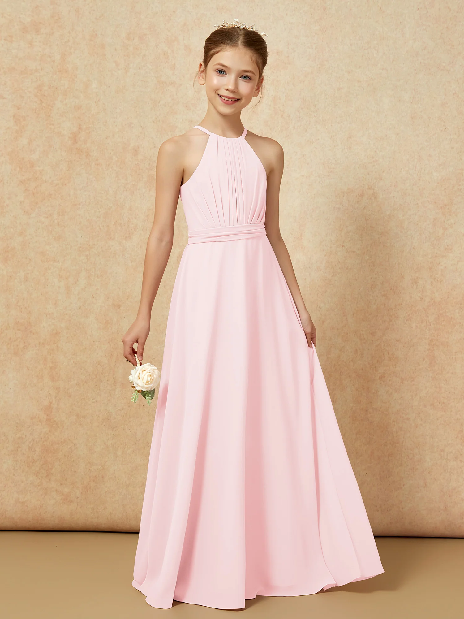 Sleeveless Pleated Long Chiffon Junior Bridesmaid Dress Blushing Pink - Image 6