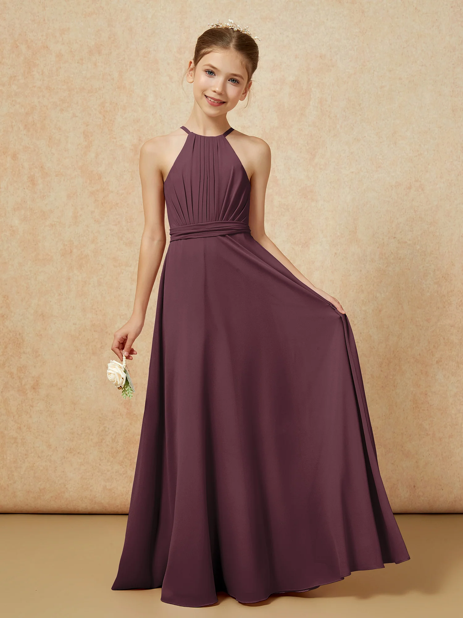 Sleeveless Pleated Long Chiffon Junior Bridesmaid Dress Cabernet