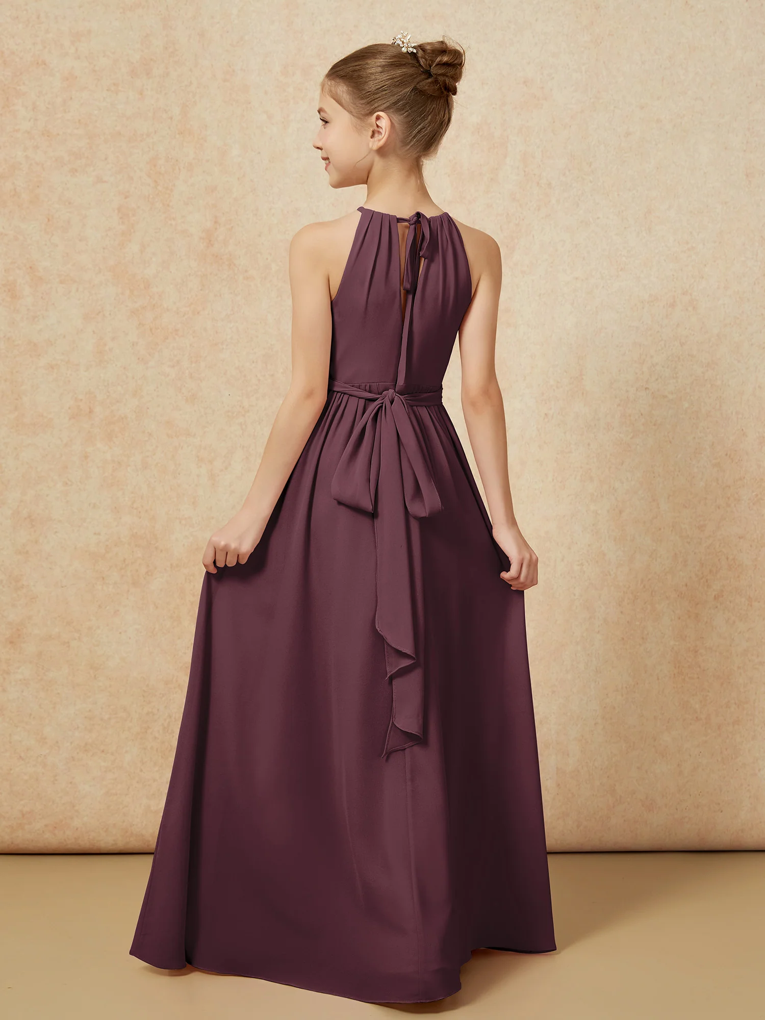 Sleeveless Pleated Long Chiffon Junior Bridesmaid Dress Cabernet - Image 2