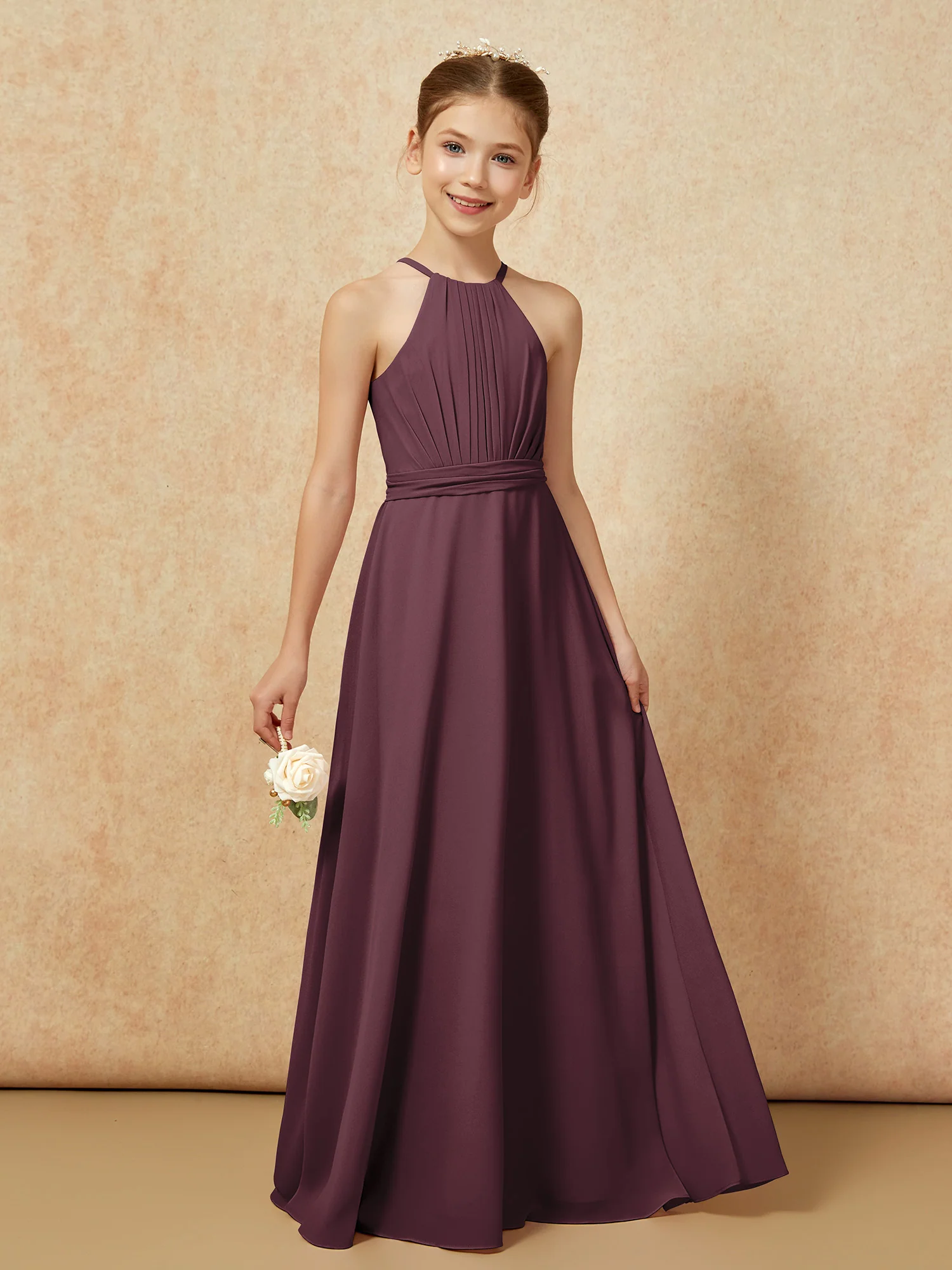 Sleeveless Pleated Long Chiffon Junior Bridesmaid Dress Cabernet - Image 6