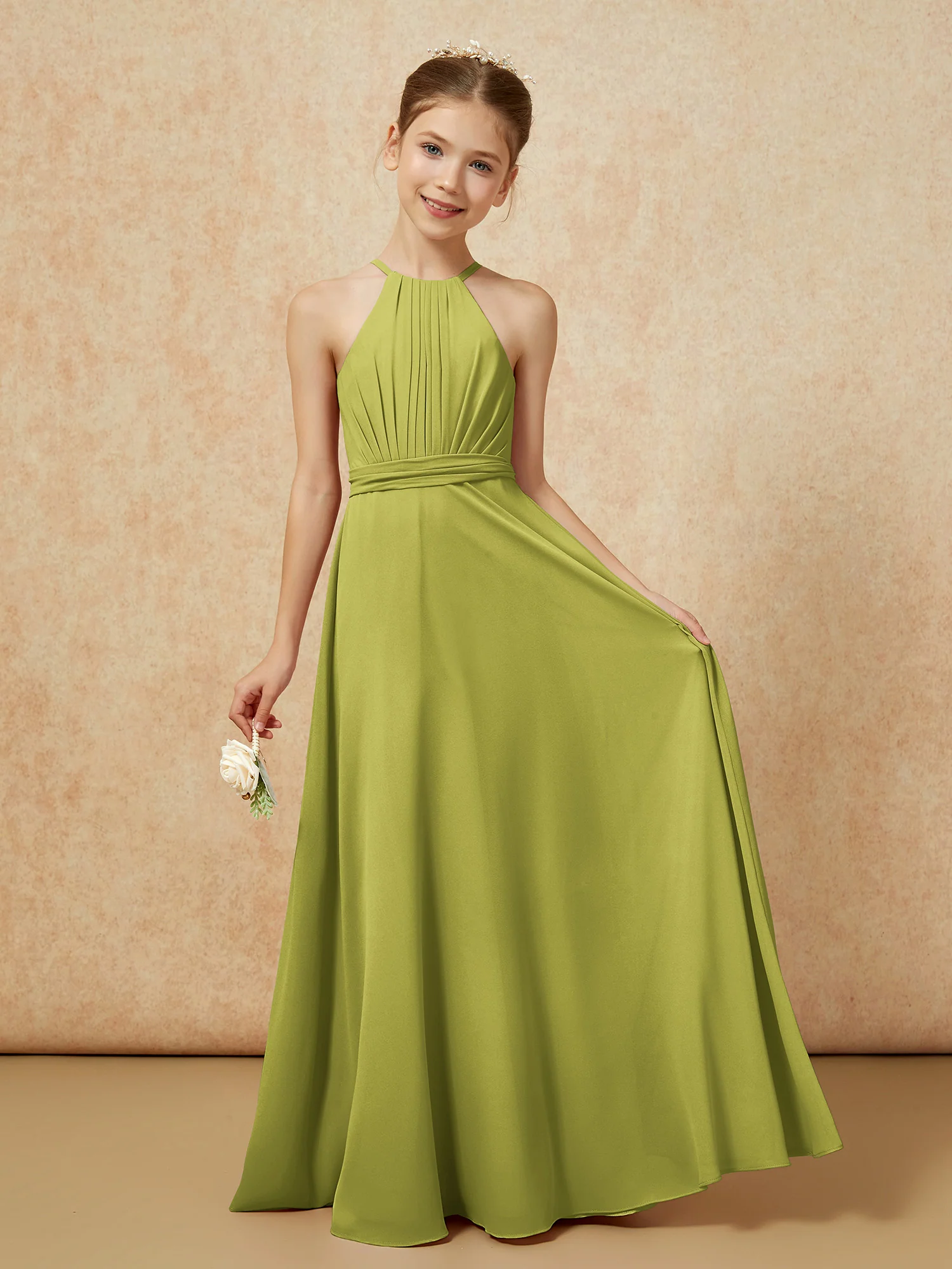 Sleeveless Pleated Long Chiffon Junior Bridesmaid Dress Clover