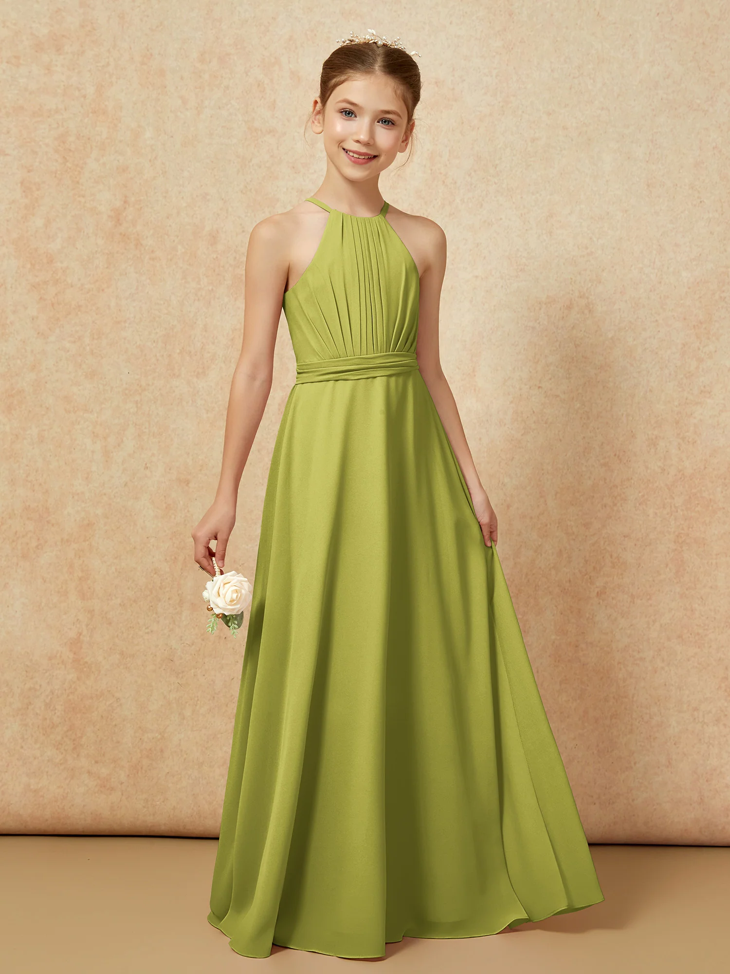 Sleeveless Pleated Long Chiffon Junior Bridesmaid Dress Clover - Image 6
