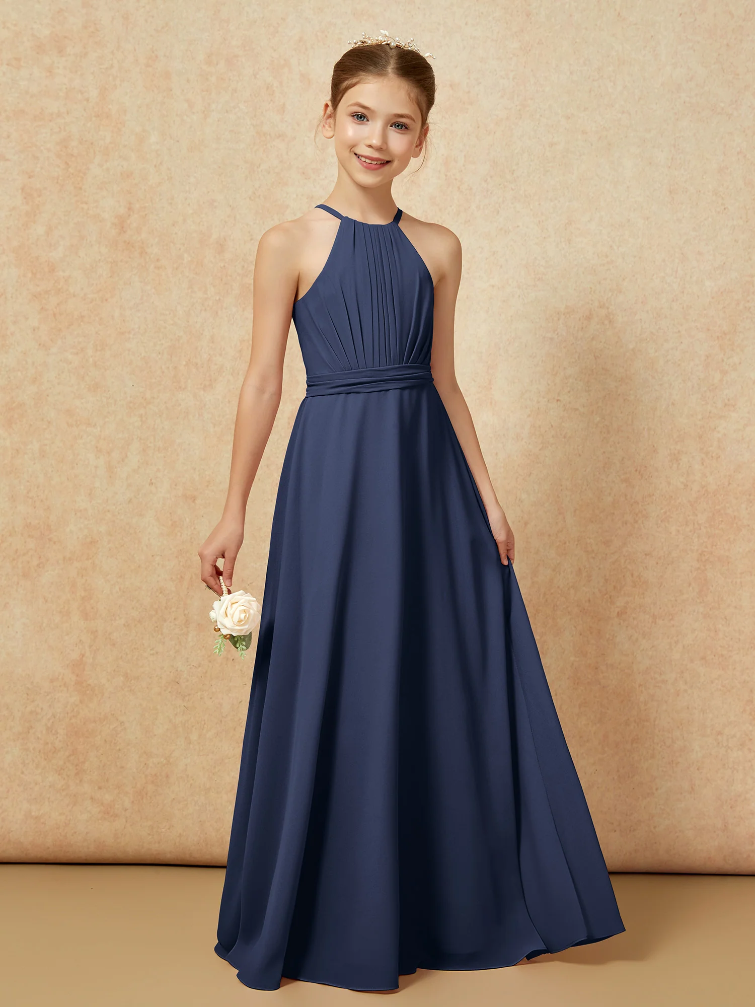 Sleeveless Pleated Long Chiffon Junior Bridesmaid Dress Dark Navy - Image 6
