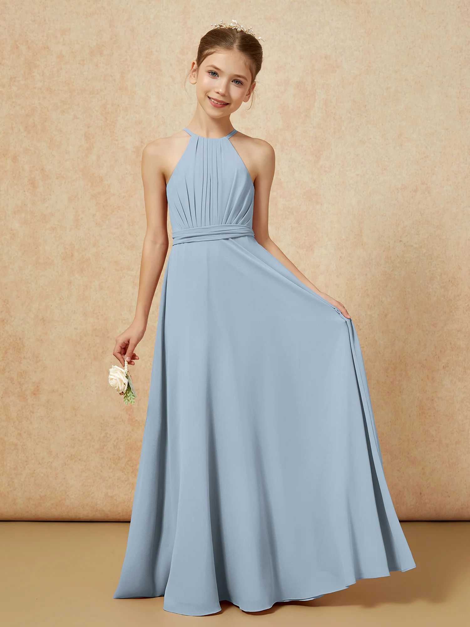 Sleeveless Pleated Long Chiffon Junior Bridesmaid Dress Dusty Blue