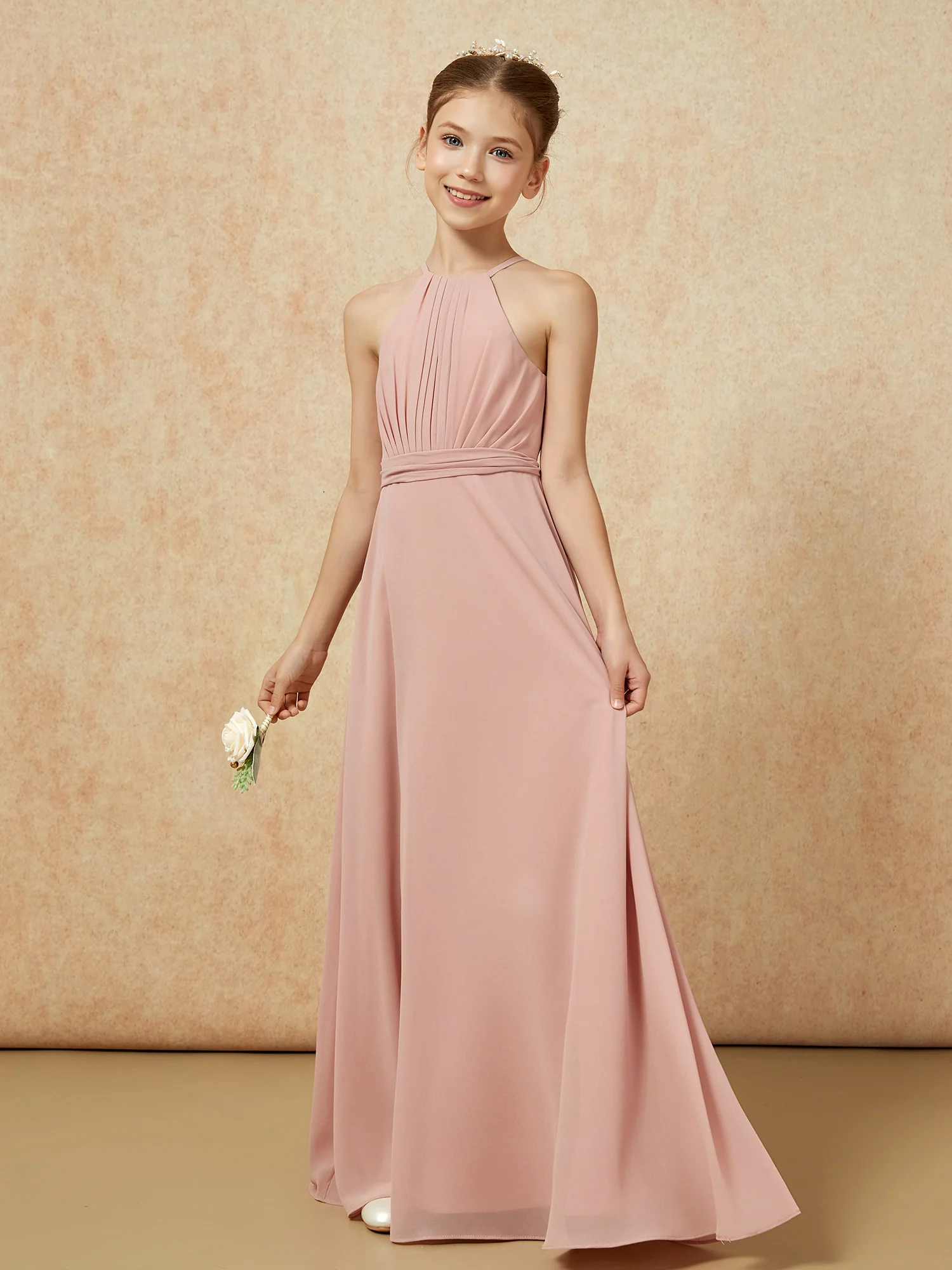 Sleeveless Pleated Long Chiffon Junior Bridesmaid Dress Dusty Rose - Image 3