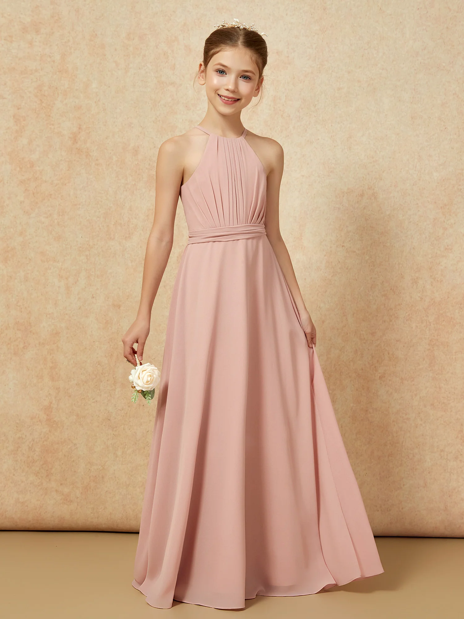 Sleeveless Pleated Long Chiffon Junior Bridesmaid Dress Dusty Rose - Image 6