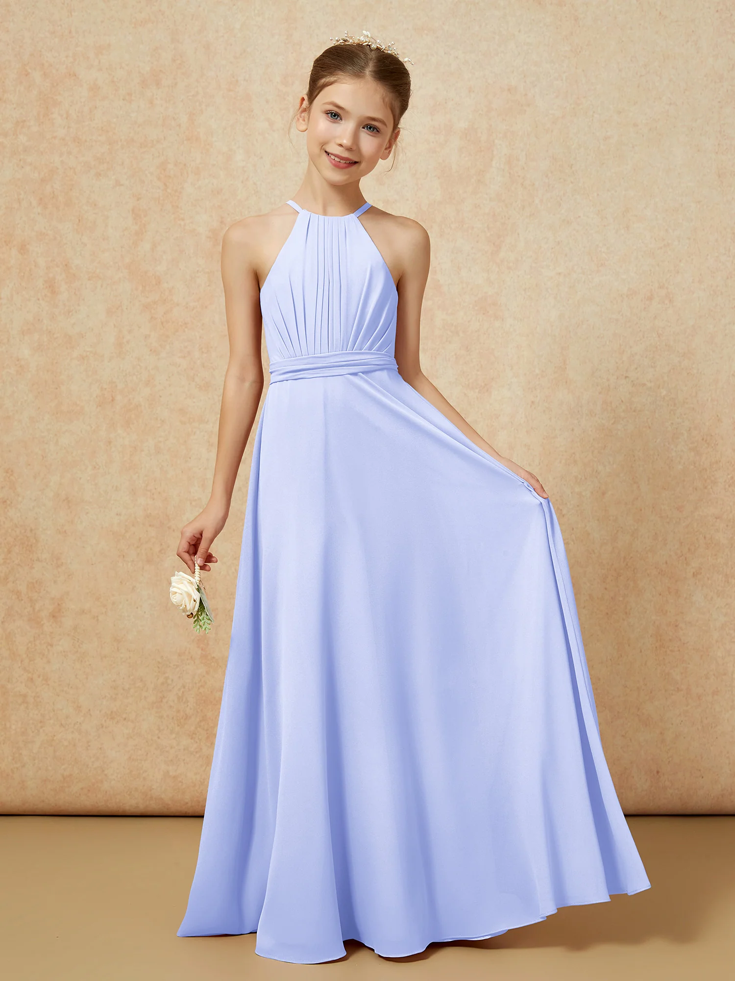 Sleeveless Pleated Long Chiffon Junior Bridesmaid Dress Lavender